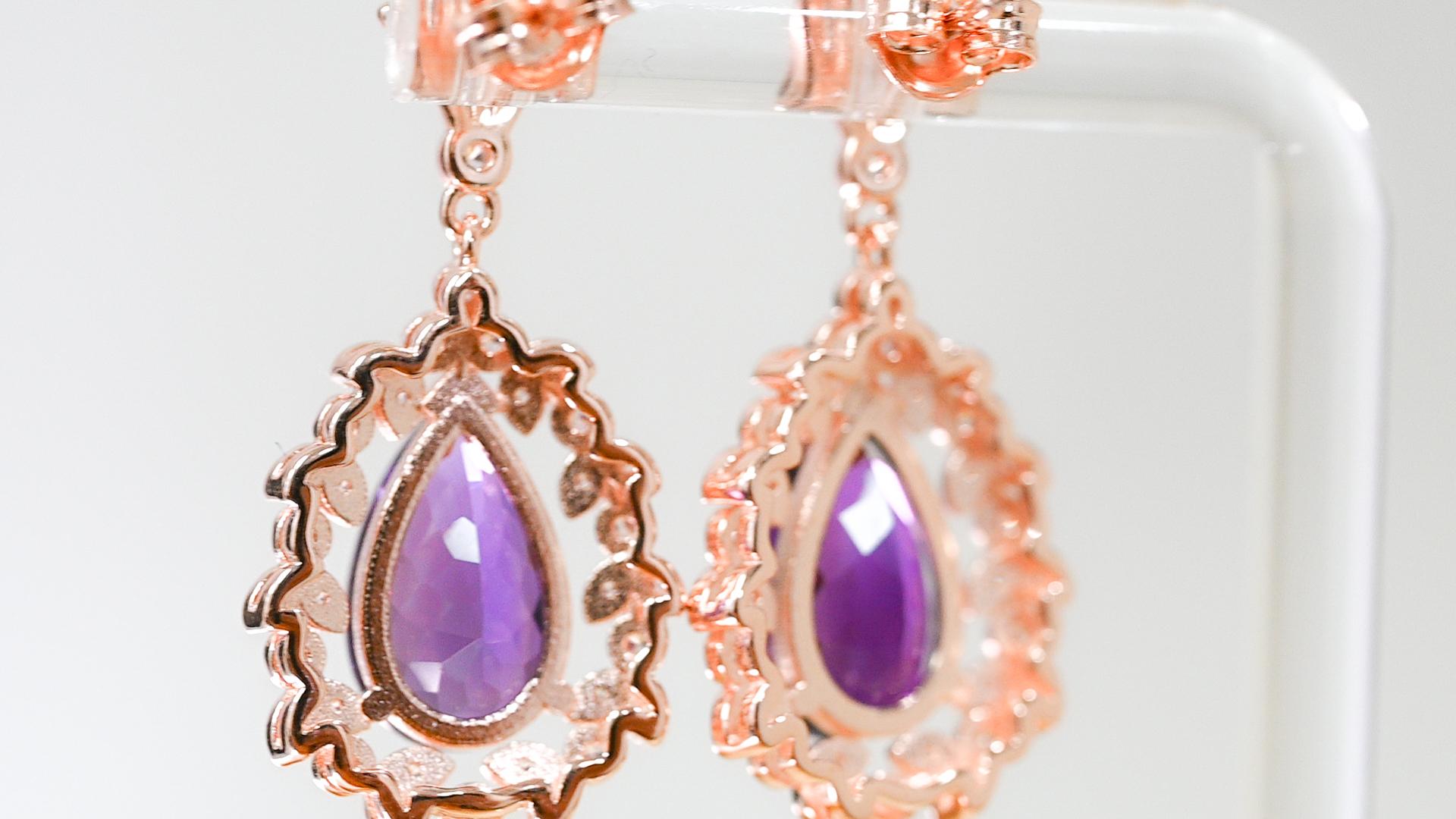 Amethyst-Schmuck Vintage-Ohrringe, 18k Roségold über Silber Februar Geburtsstein Damen im Angebot