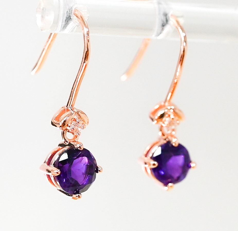 Amethyst 925 Sliver 18K Rose Metal Plated 1MM Women's Earrings 2.6 cts For Sale 1