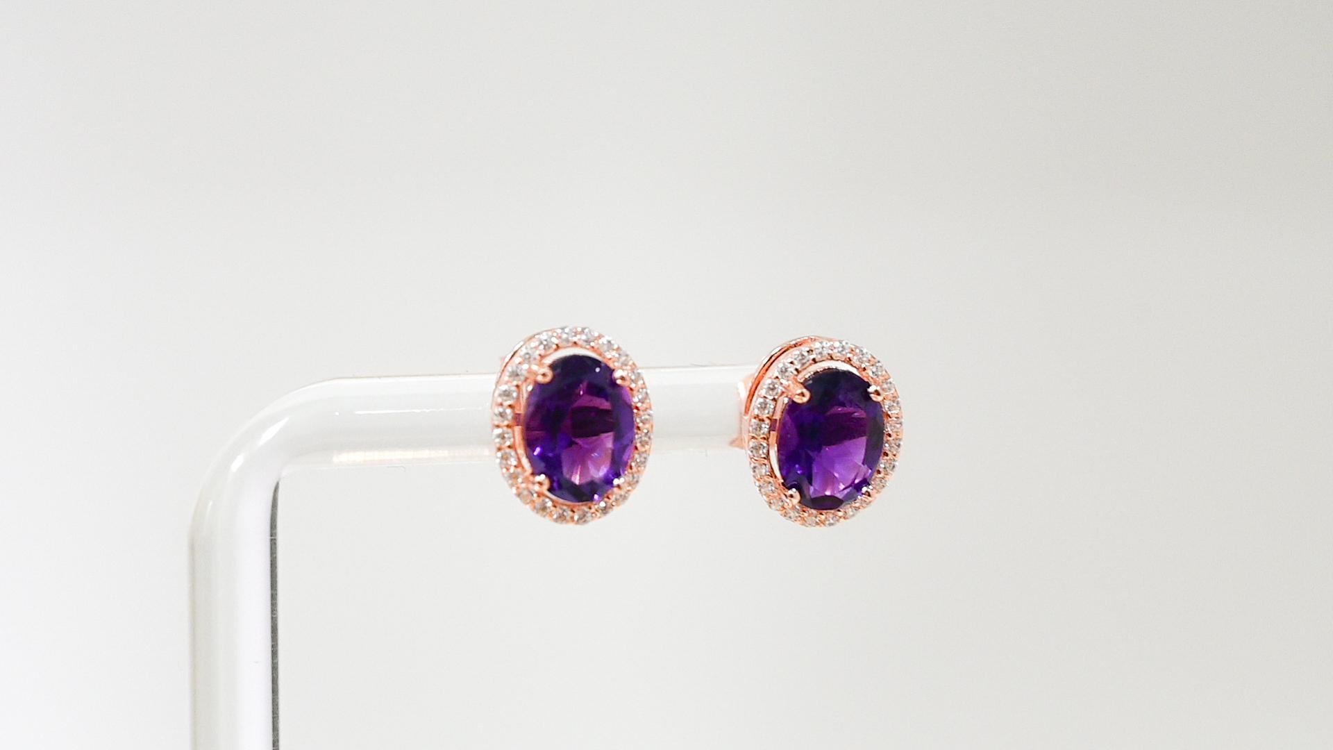 Modern Amethyst Halo Earring-Gemstones Earrings-18k Gold Plated Over Silver Birthstone For Sale