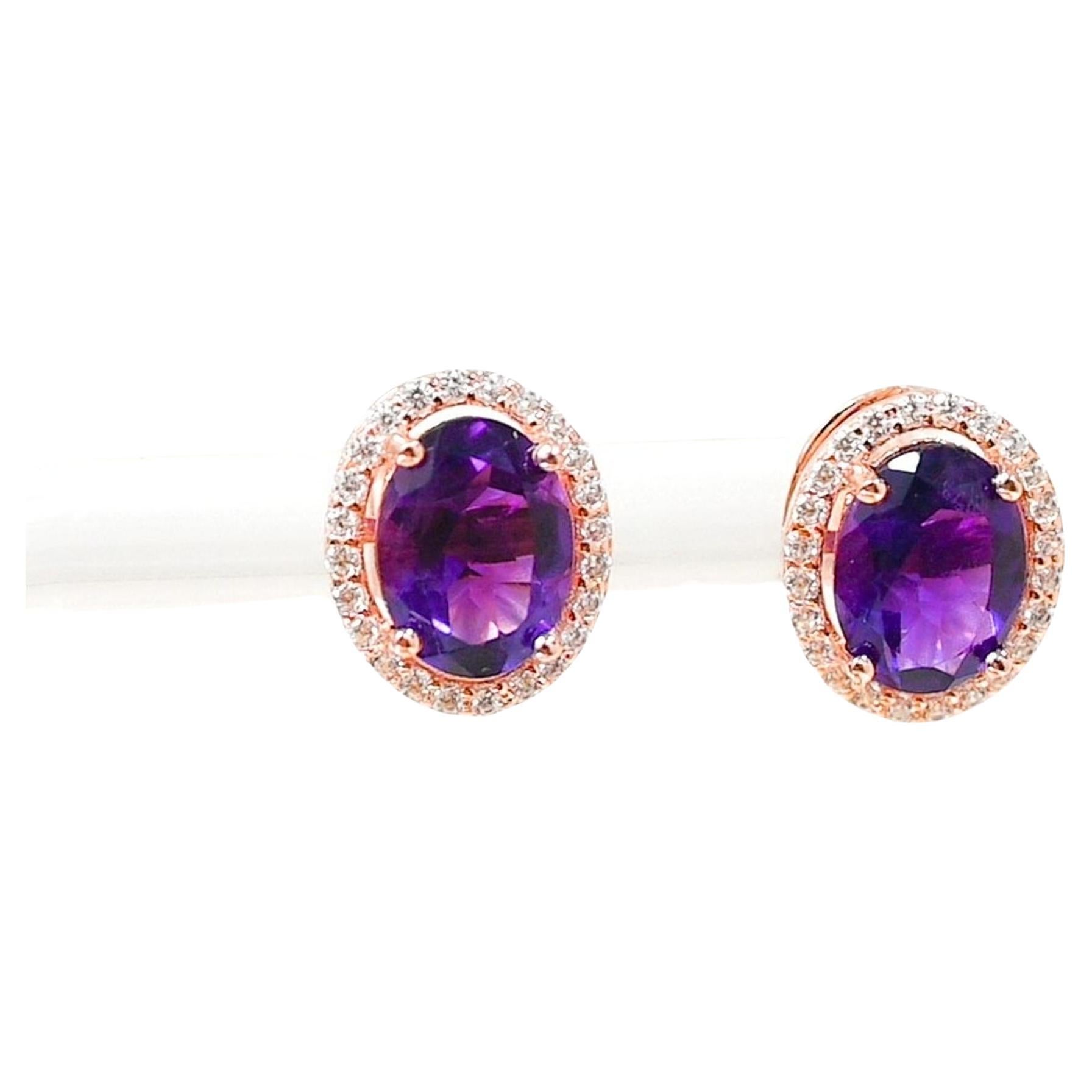 Amethyst 925 Sliver 18K 1MM Rose Metal Plated Women's Earrings 2.9cts. For Sale