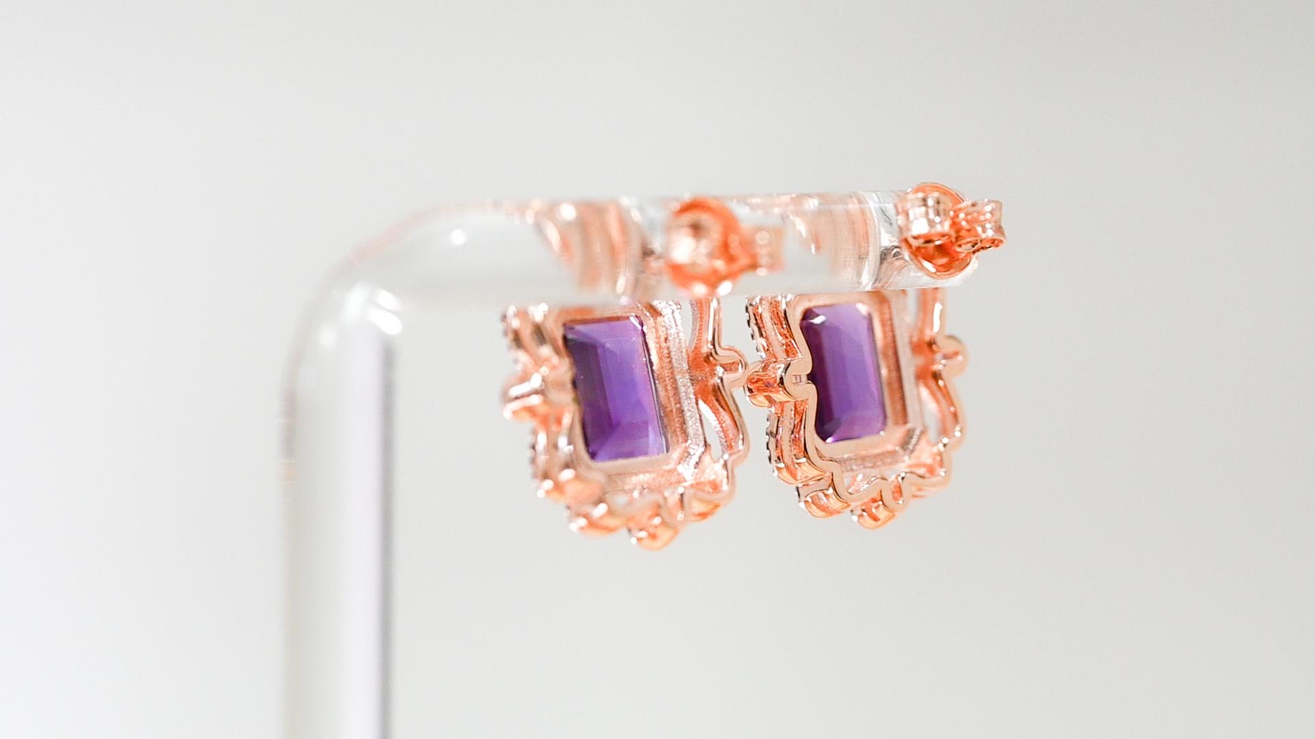 Emerald Cut 4.51 Cts Natural Amethyst 18K Rose Gold Plated Wedding Bridal Earrings Jewelry  For Sale