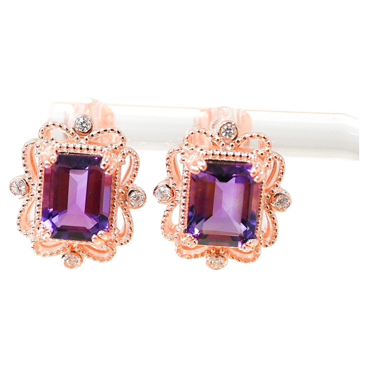 4.51 Cts Natural Amethyst 18K Rose Gold Plated Wedding Bridal Earrings Jewelry  For Sale