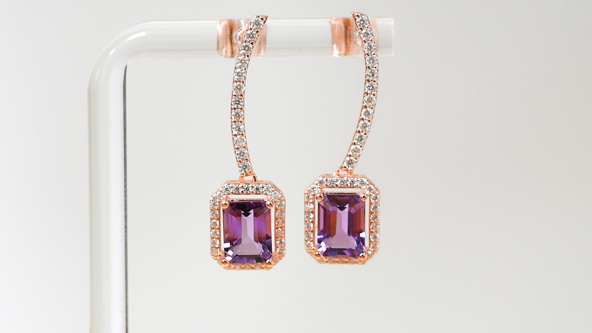 Art Deco Amethyst 925 Sliver 18K Rose Metal Plated 1MM Women's Earrings 5.200 cts. For Sale
