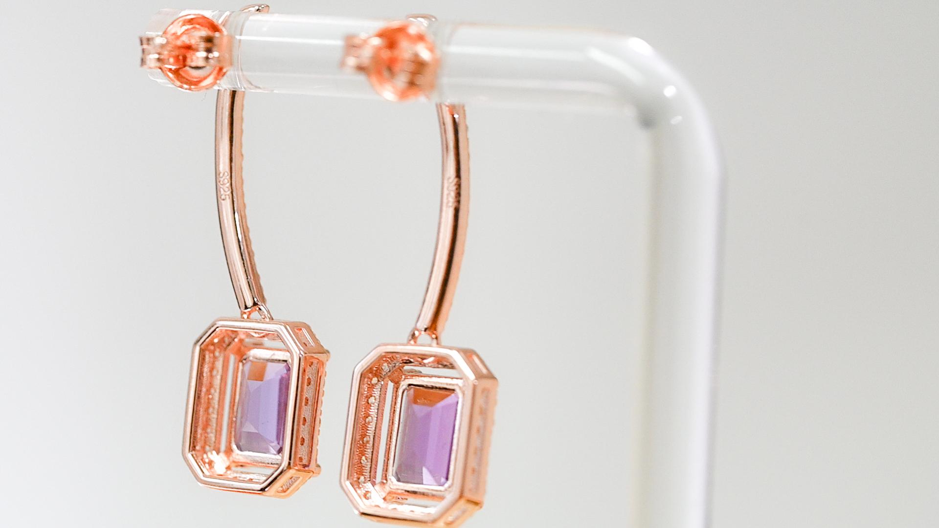 Emerald Cut Amethyst 925 Sliver 18K Rose Metal Plated 1MM Women's Earrings 5.200 cts. For Sale