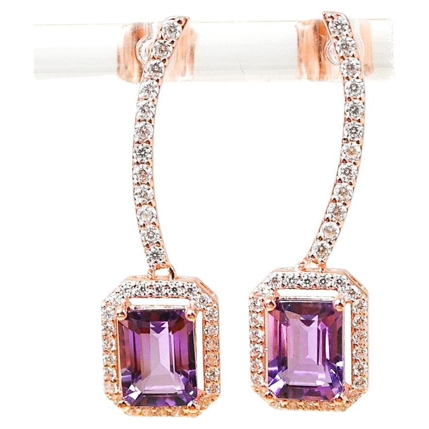 Amethyst 925 Sliver 18K Rose Metal Plated 1MM Women's Earrings 5.200 cts. For Sale