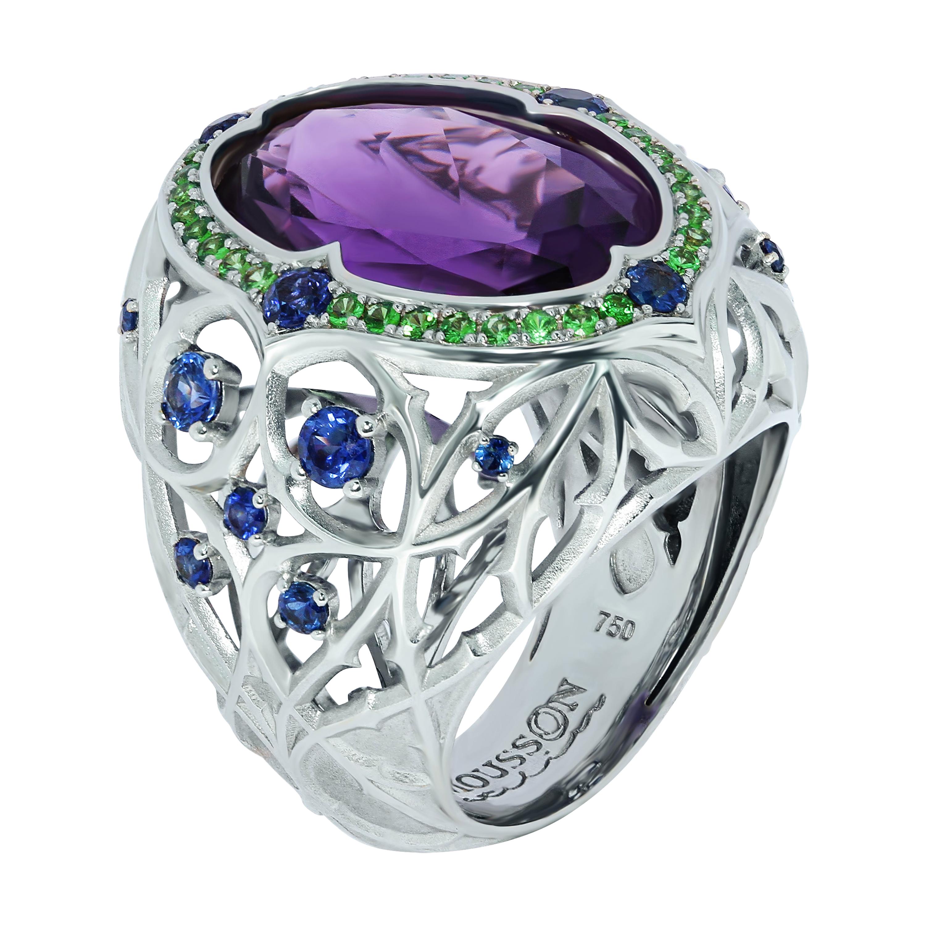 Amethyst 9.29 Carat Blue Sapphires Tsavorites 18 Karat White Gold Gothic Ring For Sale