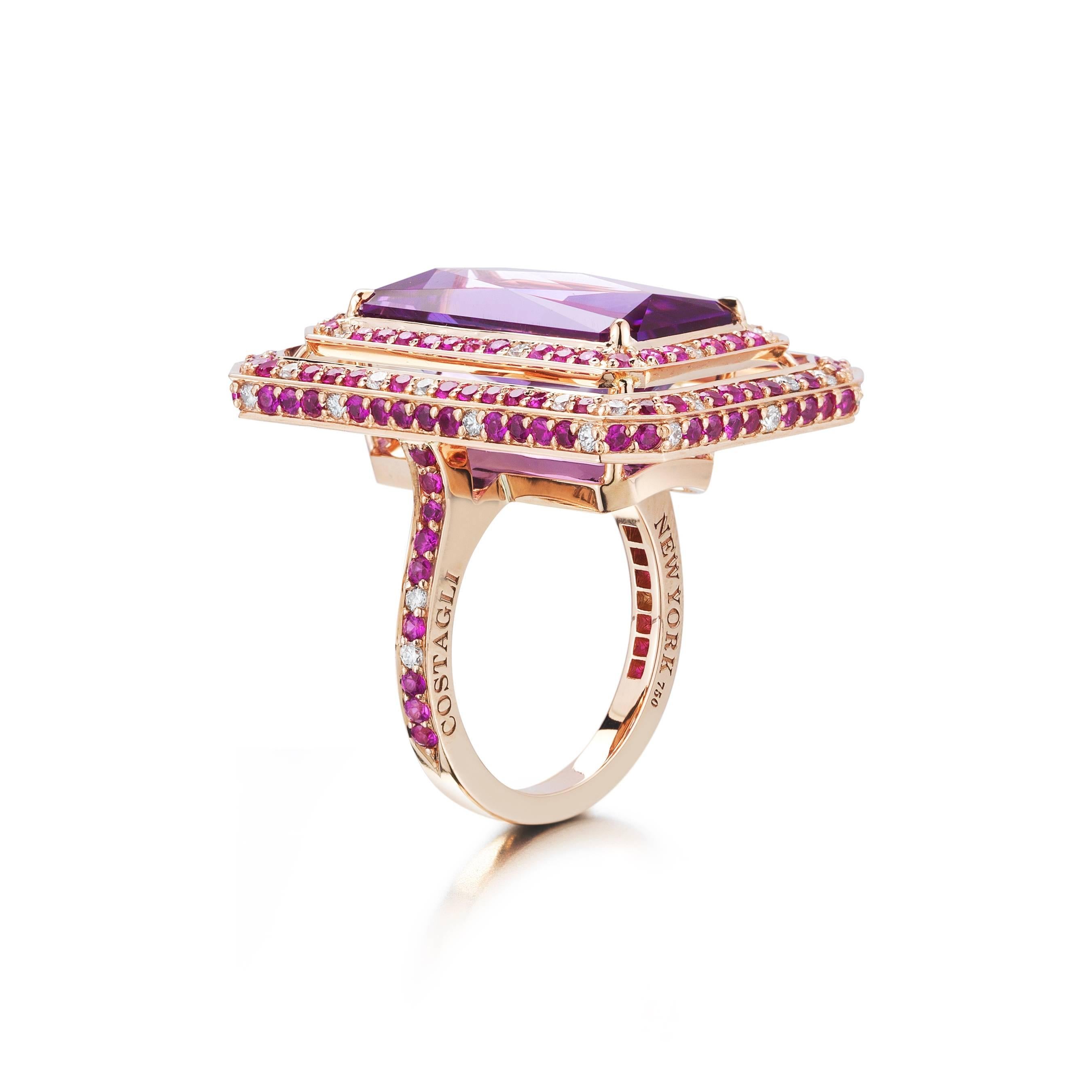 One of a kind octagonal shape amethyst ring, weighing 9.77 carats, in 18kt rose gold surrounded by a double line of pink sapphires, weighing 2.27 carats and round, brilliant white diamonds, weighing 0.44 carats.

Amethyst: 9.77 carats
Pink