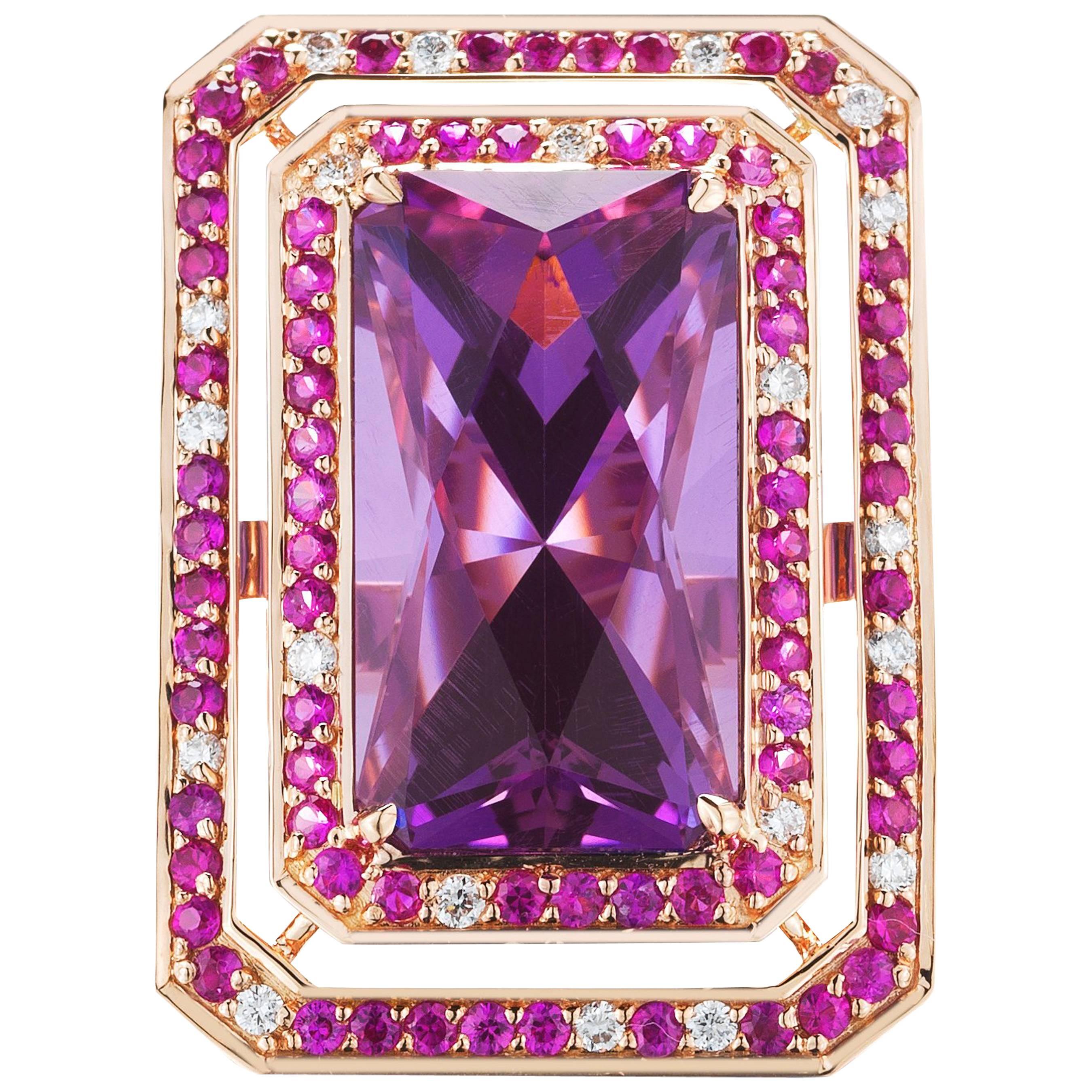 Paolo Costagli Amethyst 9.77 Carat and Pink Sapphire 2.27 Carat and Diamond Ring For Sale