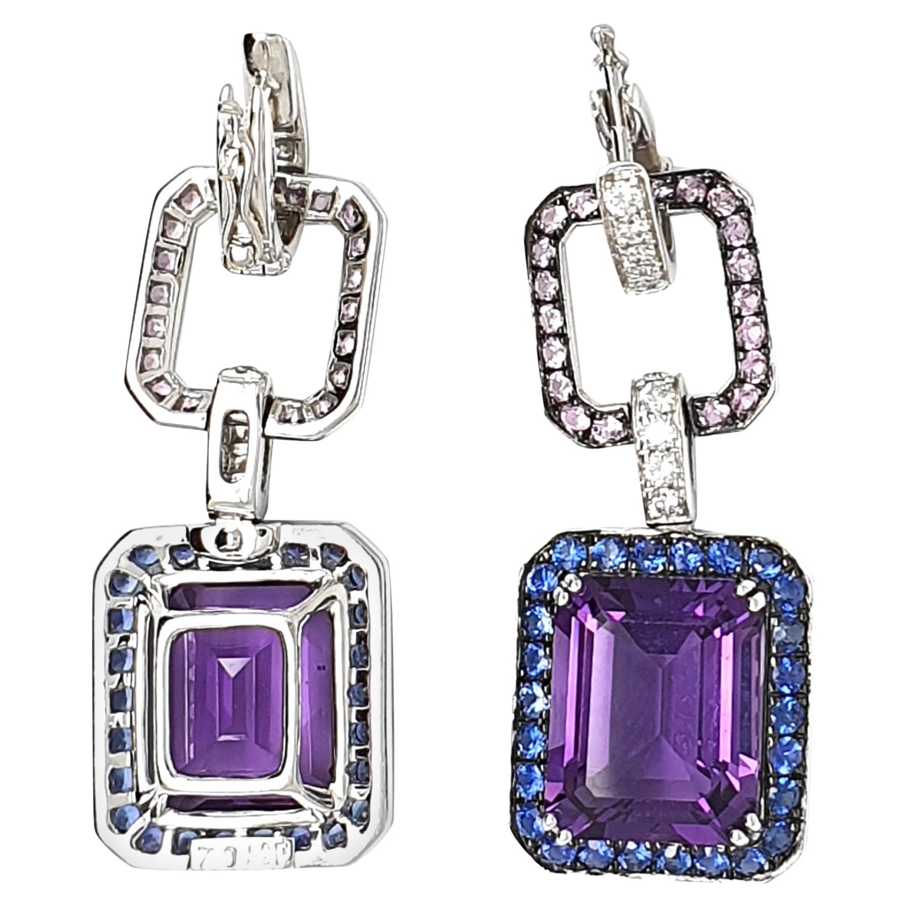 Amethyst, 9.77 Carat Pendant Earrings, in 18 Karat Gold with Corunds and Diamond For Sale