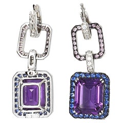 Amethyst, 9.77 Carat Pendant Earrings, in 18 Karat Gold with Corunds and Diamond