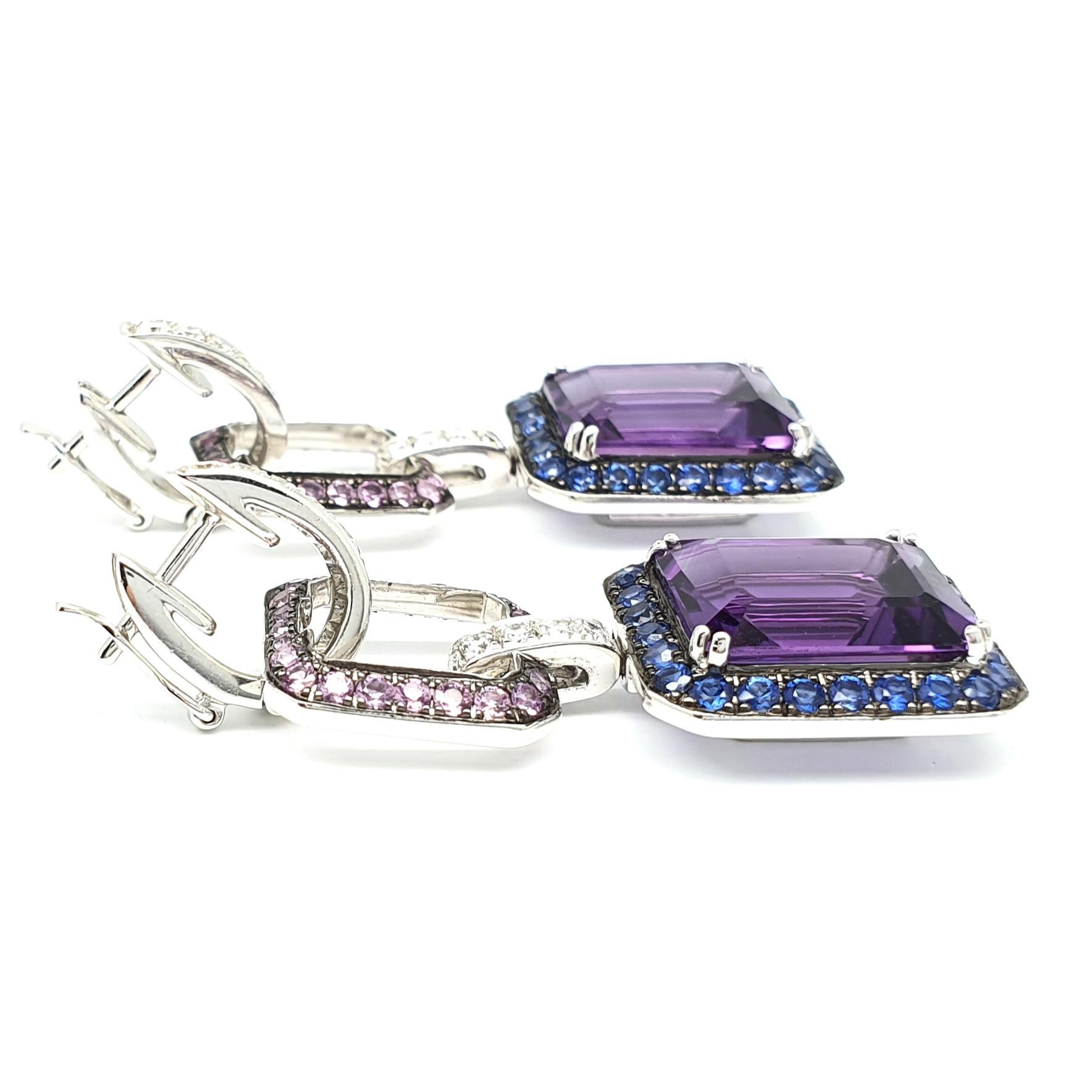Contemporary Amethyst, 9.77 Carat Pendant Earrings, in 18 Karat Gold with Corunds and Diamond For Sale