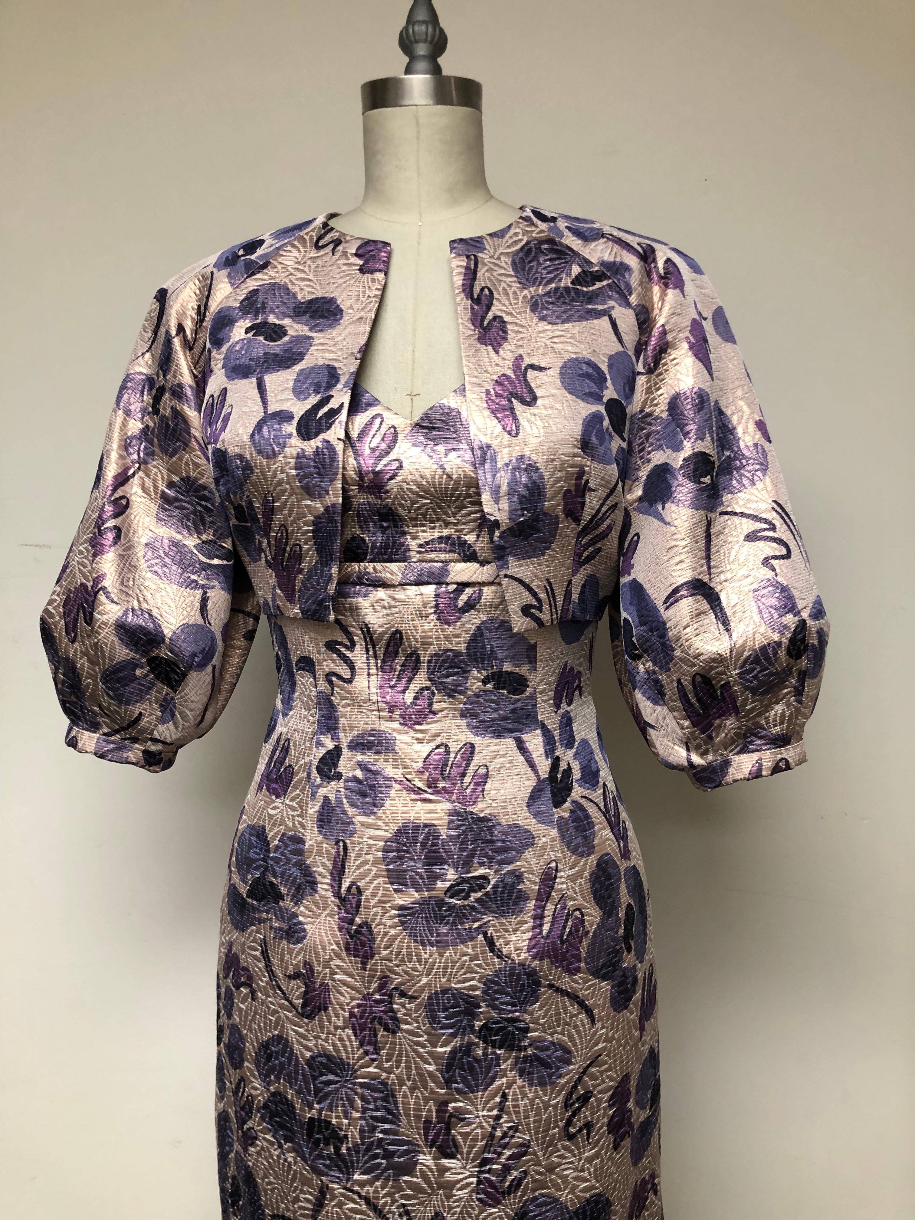 Amethyst Abstract Floral V Neck Dress with Matching Full Sleeve Bolero Jacket In Excellent Condition For Sale In Los Angeles, CA