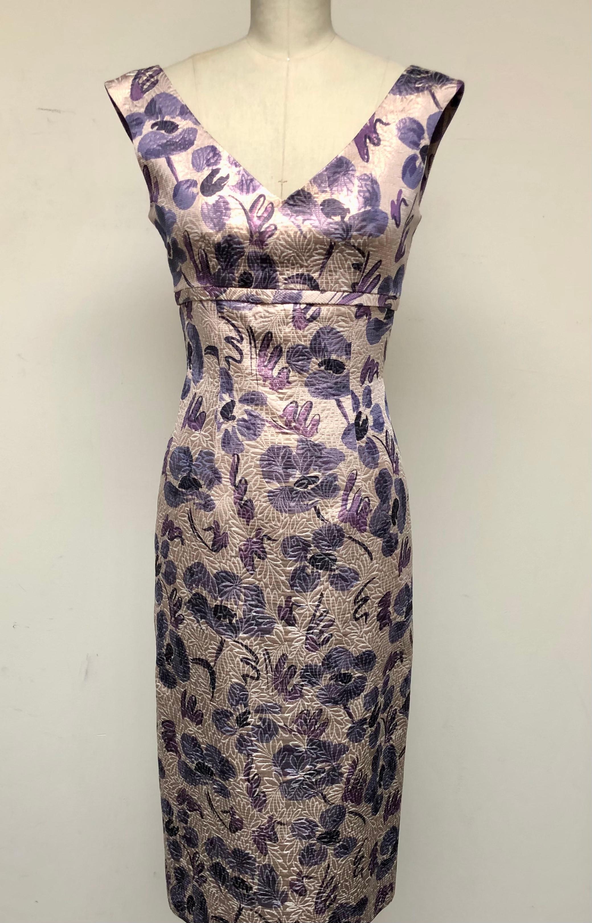 Women's Amethyst Abstract Floral V Neck Dress with Matching Full Sleeve Bolero Jacket For Sale