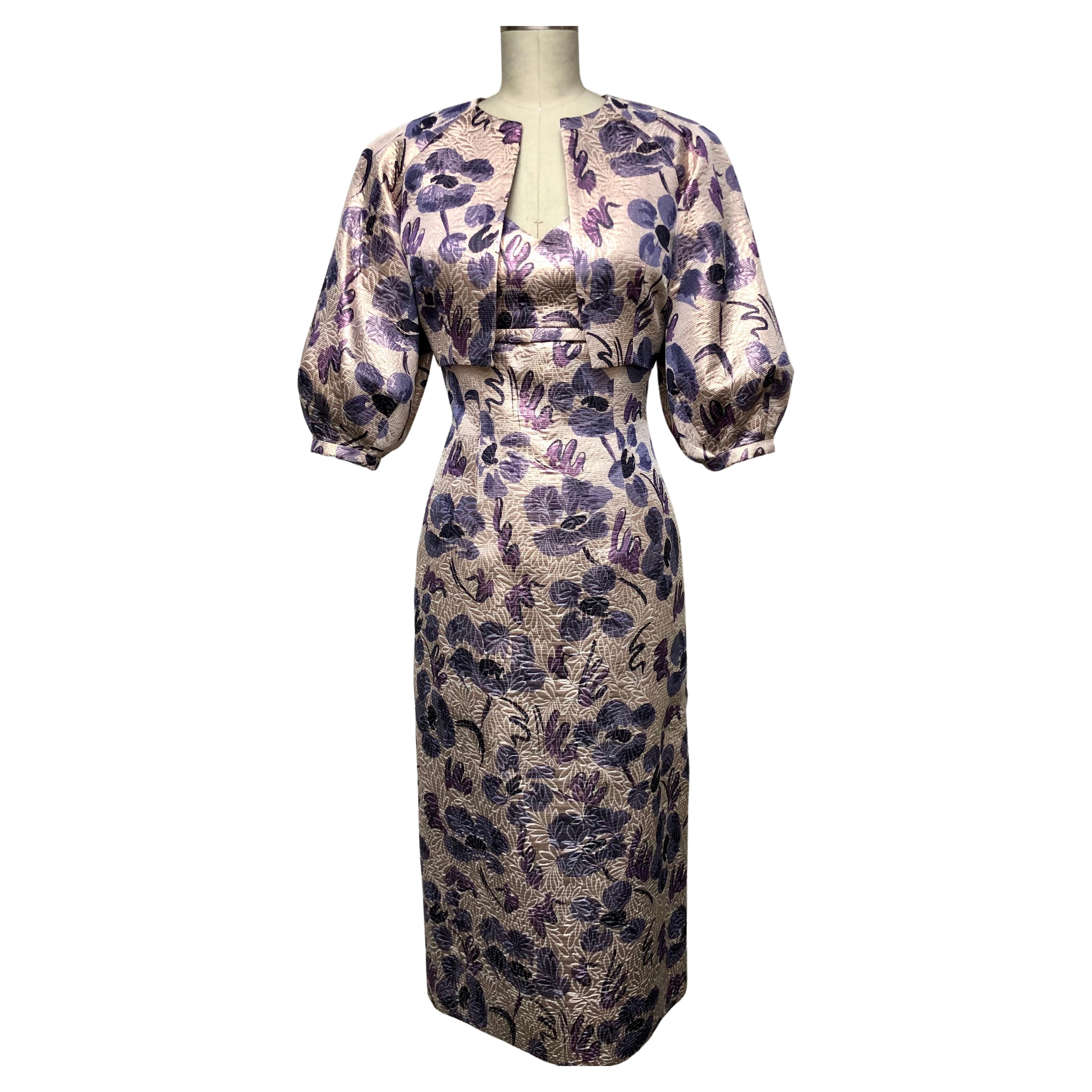 Amethyst Abstract Floral V Neck Dress with Matching Full Sleeve Bolero Jacket For Sale