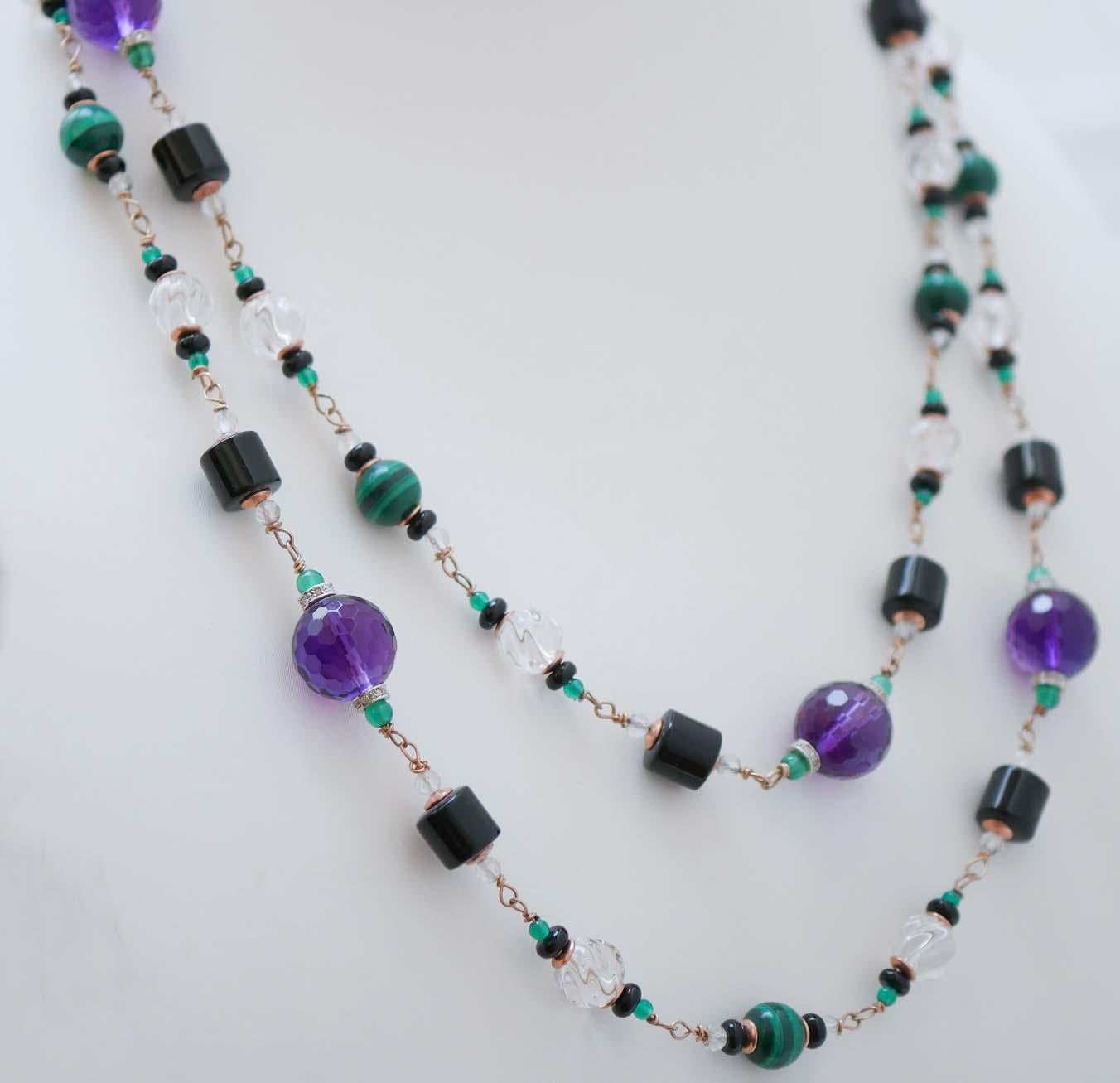 Rétro Améthyste,  Agate, Malakite, Cristal de roche, Onyx, Collier en or rose. en vente