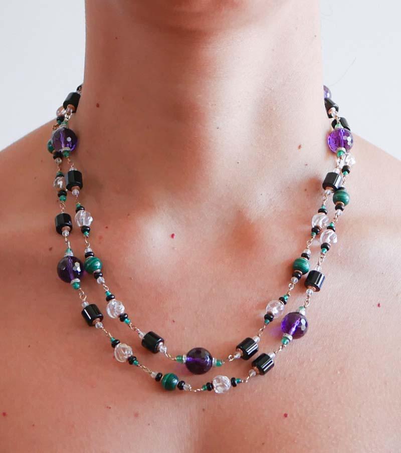 Améthyste,  Agate, Malakite, Cristal de roche, Onyx, Collier en or rose. en vente 1