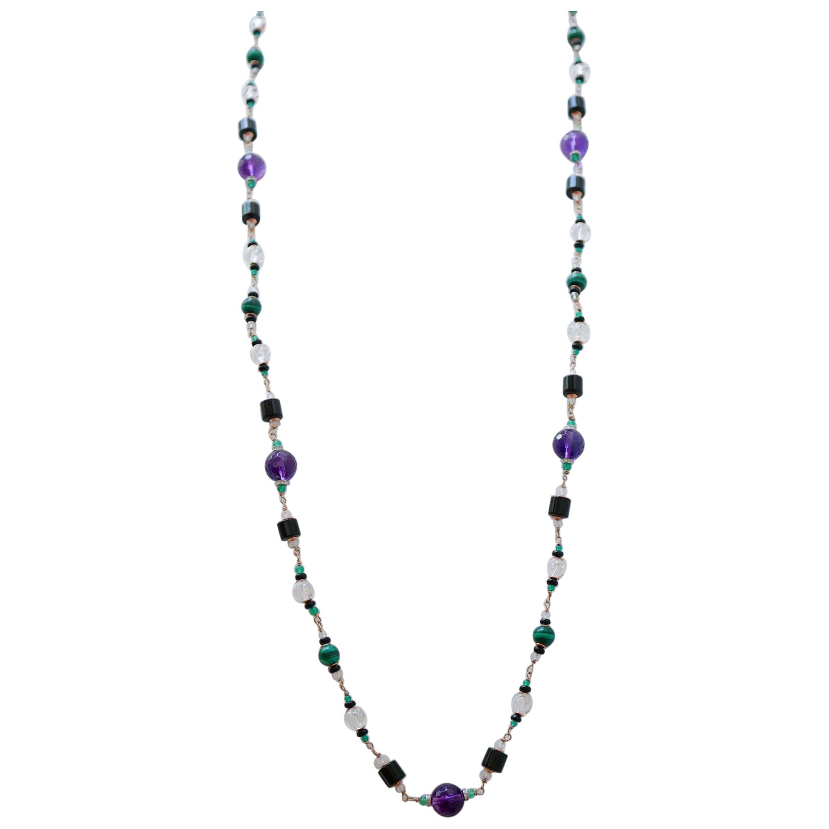 Améthyste,  Agate, Malakite, Cristal de roche, Onyx, Collier en or rose. en vente