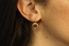 Cabochon Amethyst Yellow Gold Bezel Drop Earrings