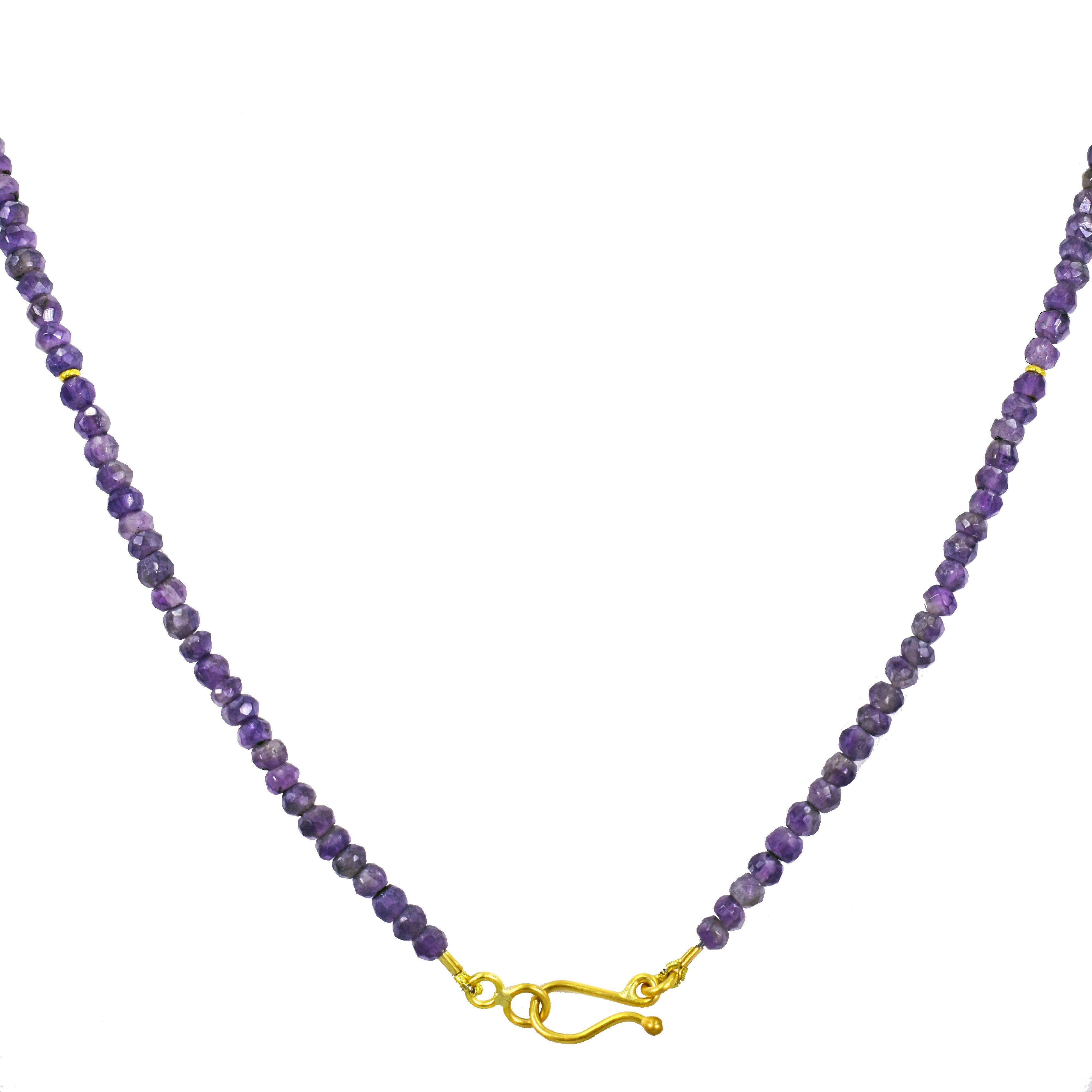 Authentic ancient Roman bronze key, ancient Amethyst bead and 22k yellow gold dangle pendant on faceted Amethyst and 22k gold mini spacer beaded necklace. Beaded necklace is 23.5 inches in length. Dangle pendant is 2.63 inches in total length.