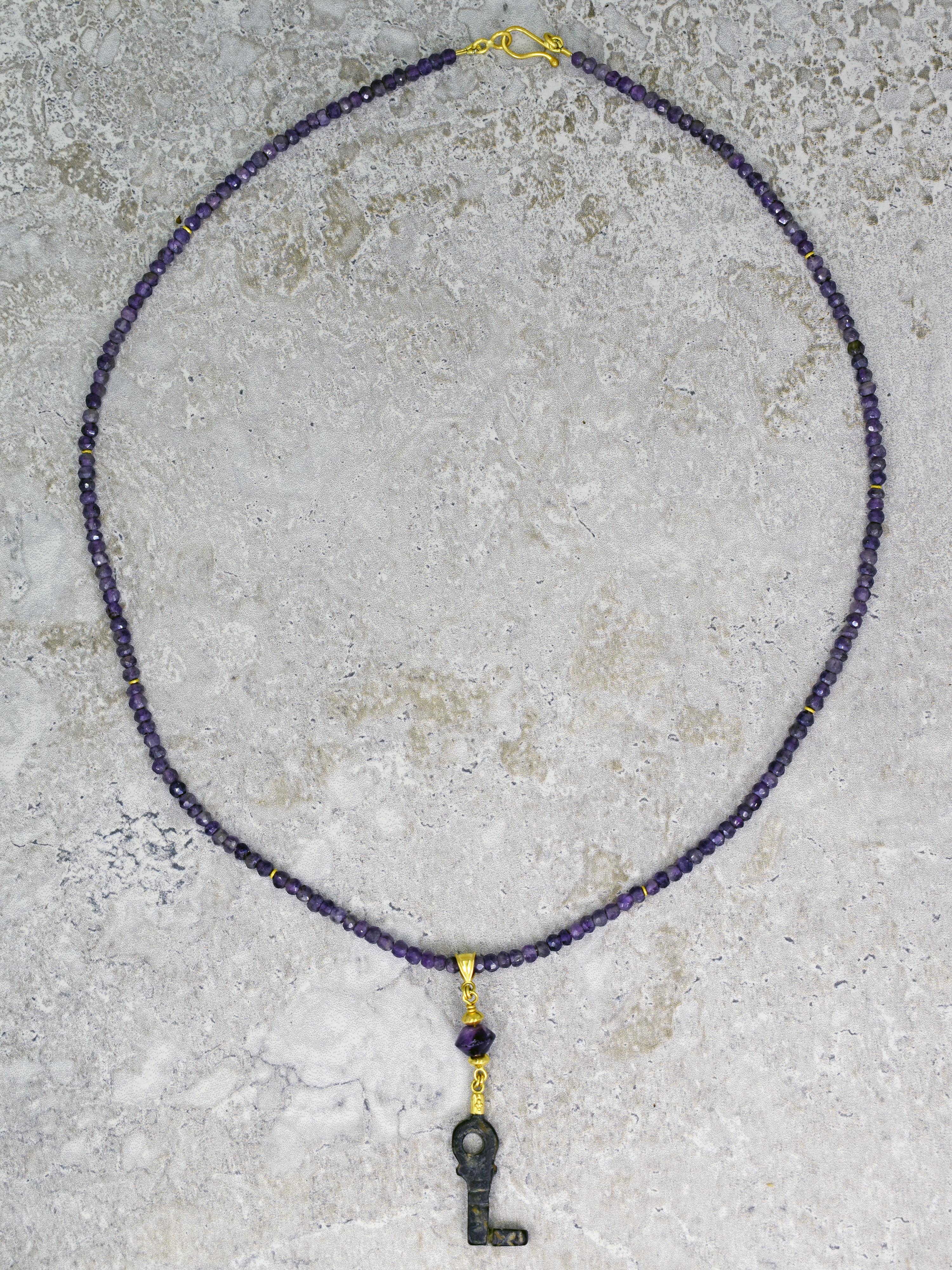 Contemporary Amethyst, Ancient Roman Bronze Key and 22 Karat Gold Beaded Pendant Necklace For Sale