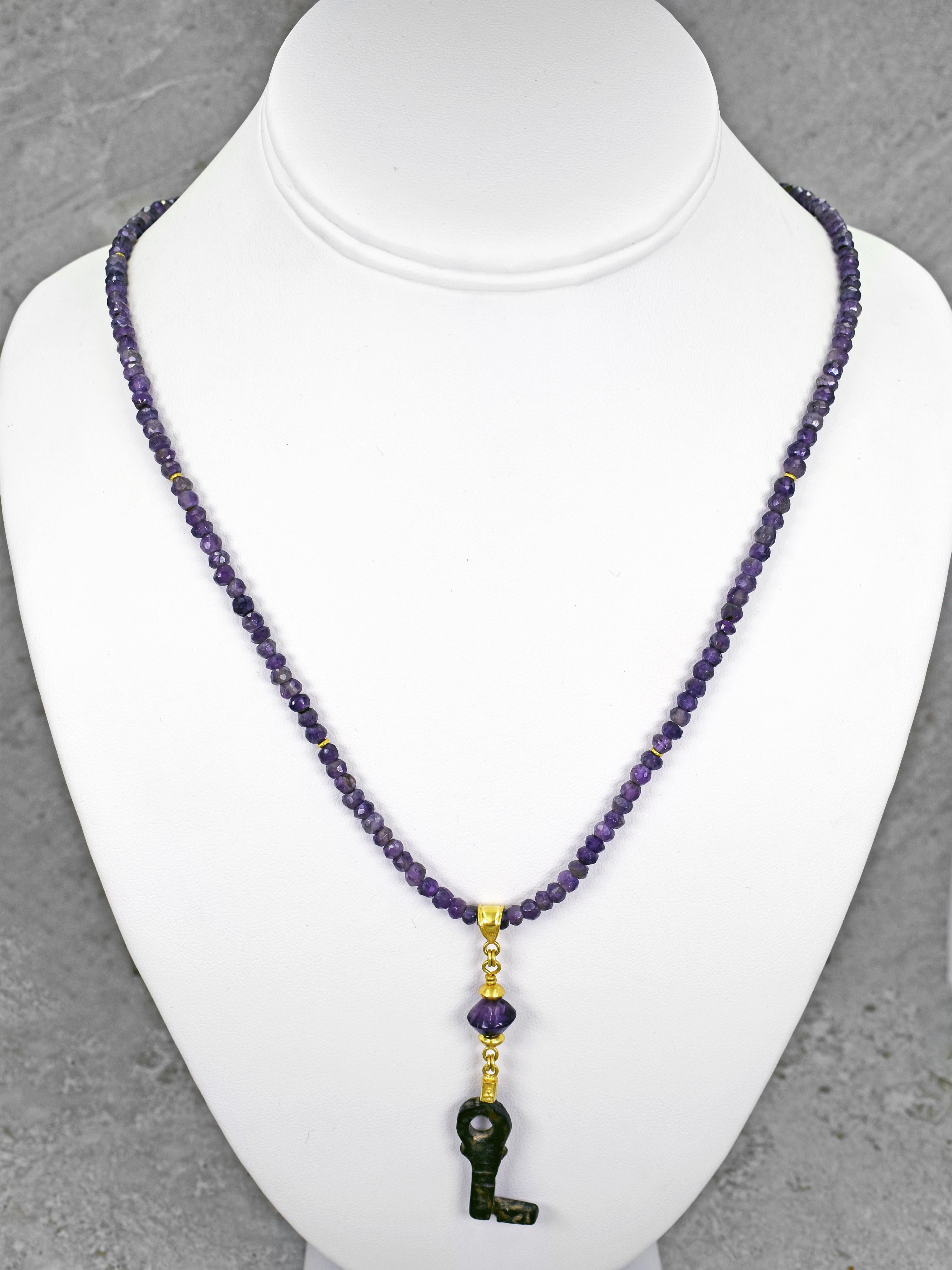 Amethyst, Ancient Roman Bronze Key and 22 Karat Gold Beaded Pendant Necklace In New Condition For Sale In Naples, FL