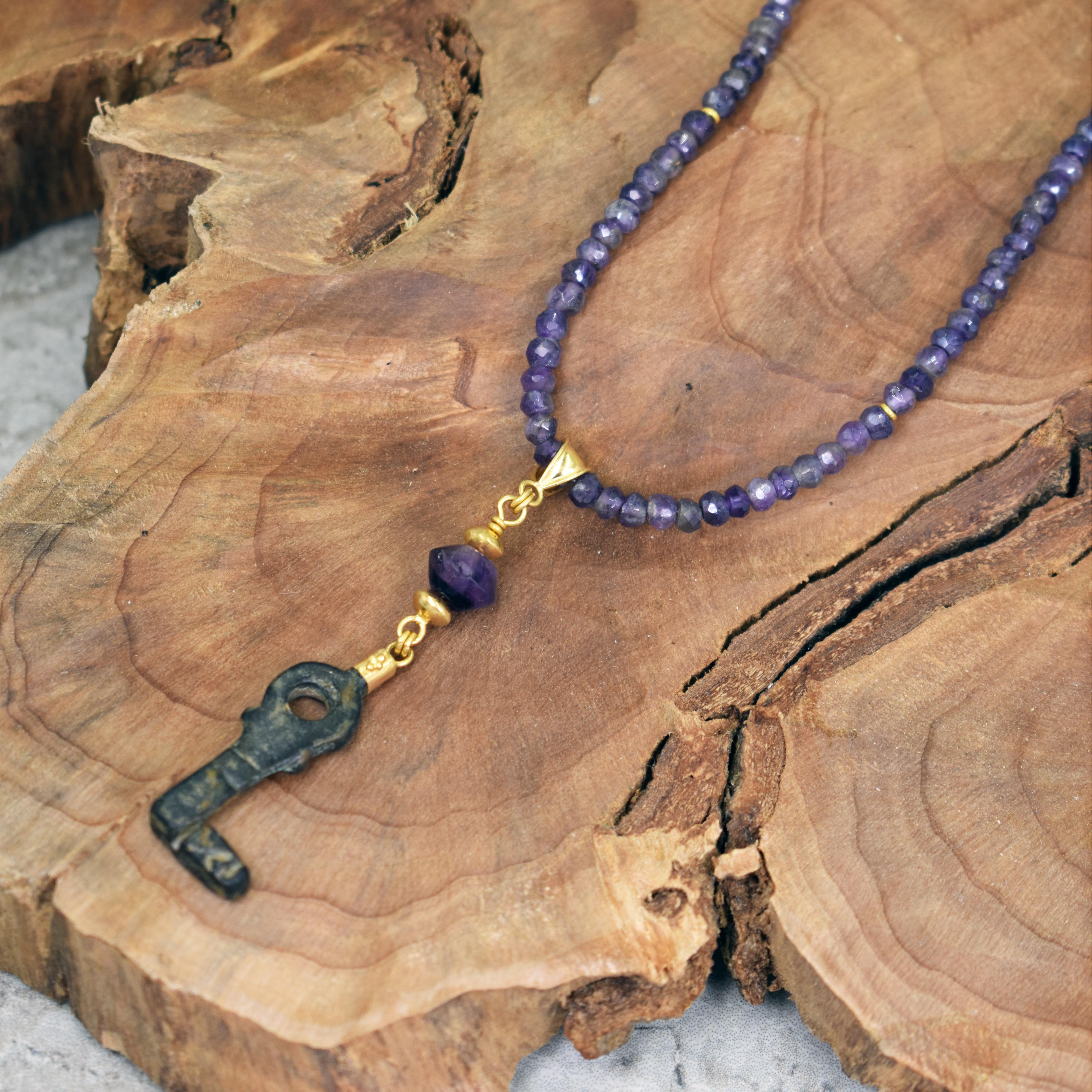 Women's Amethyst, Ancient Roman Bronze Key and 22 Karat Gold Beaded Pendant Necklace For Sale