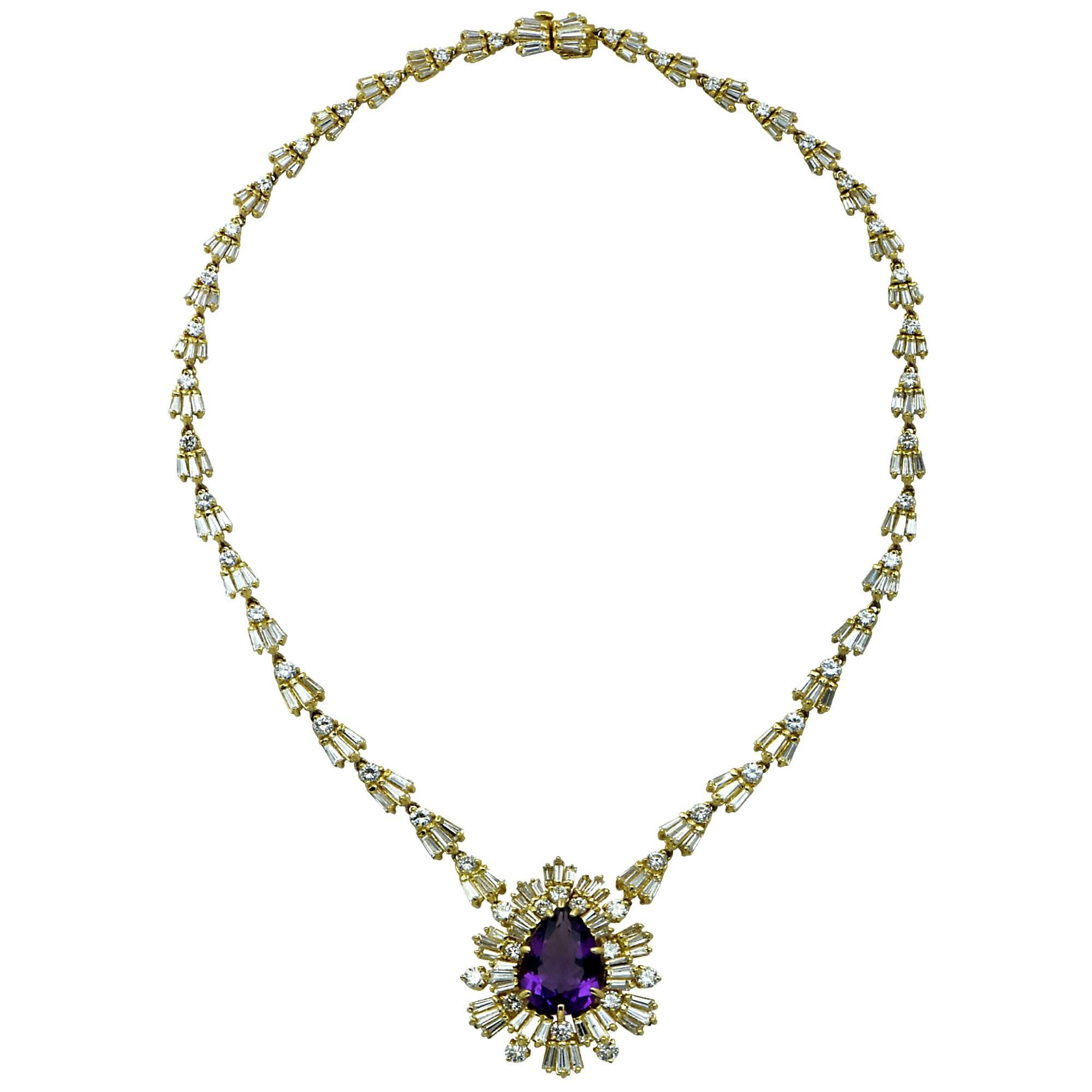 18K Yellow gold necklace showcasing an 8.6ct pear shape purple amethyst, surrounded by 162 Baguette shape diamonds weighing approximately 10cts and 52 round brilliant cut diamonds weighing approximately 5.50cts, K color, VS-SI clarity. This necklace