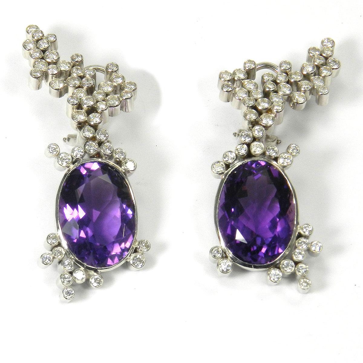 Contemporary Amethyst and 3.3 Carat Diamond 18 Karat White Gold Earrings For Sale