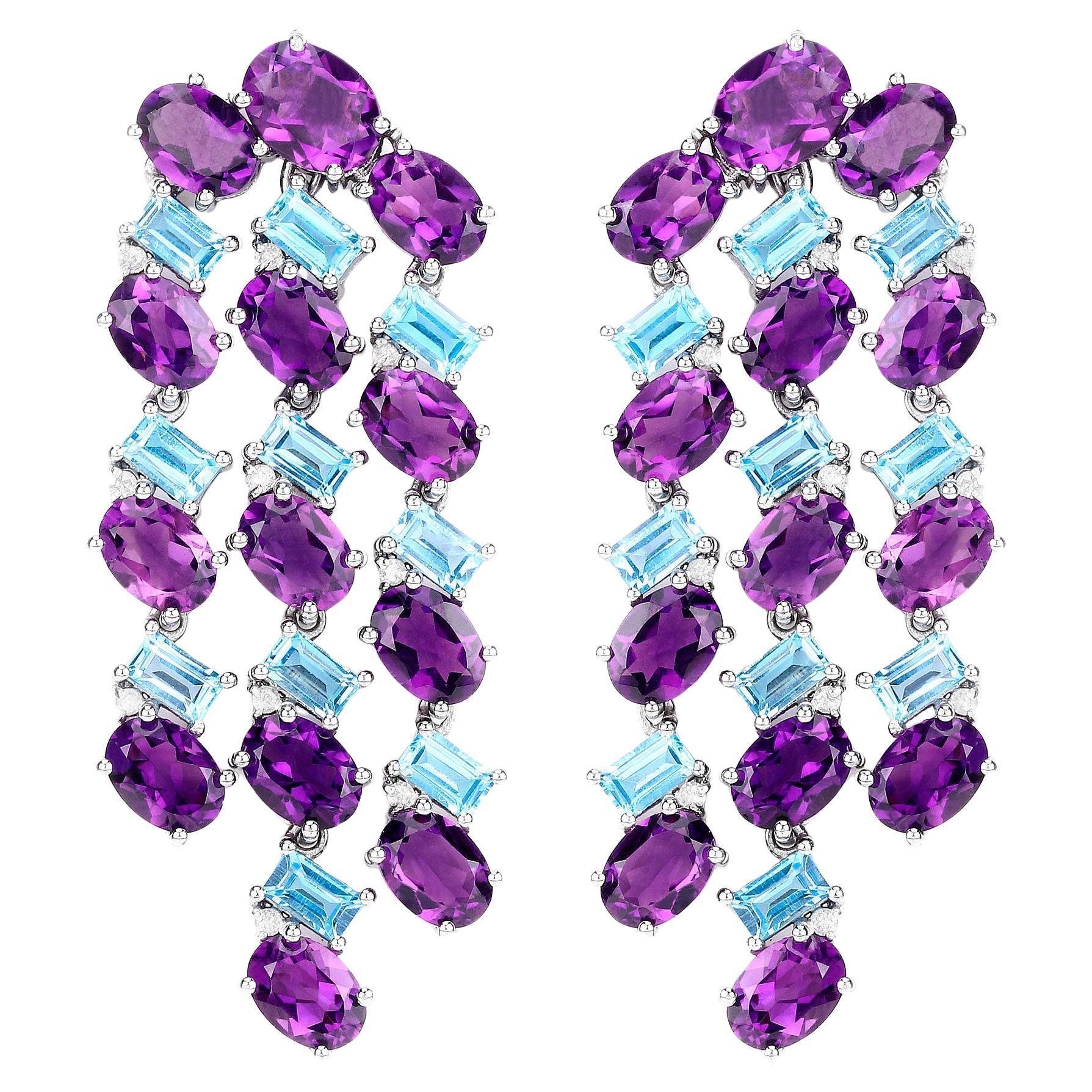 Amethyst and Blue Topaz Chandelier Earrings With Diamonds 26.50 Carats Sterling 