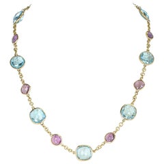 Amethyst and Blue Topaz Faceted Double Cabochon Rose Cut 18 Karat Fine Necklace