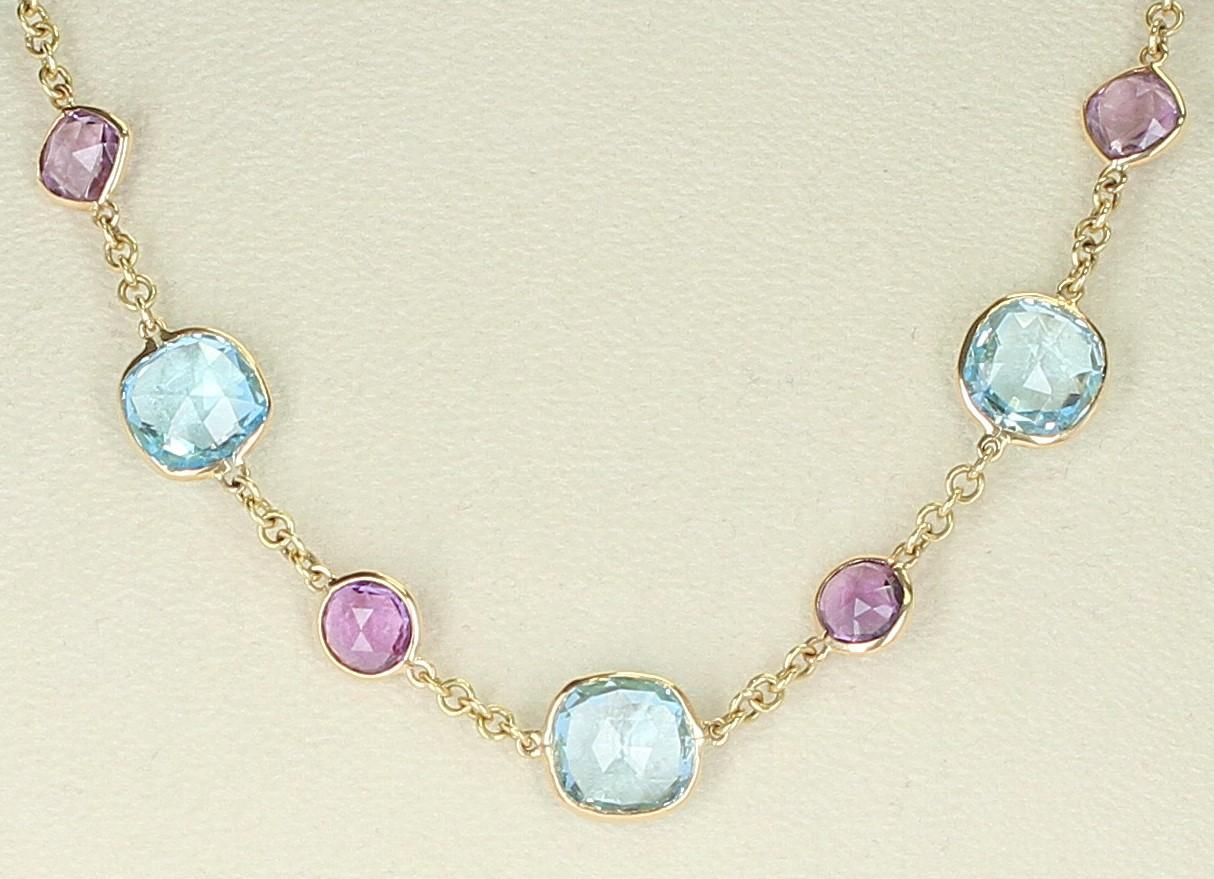 Amethyst and Blue Topaz Faceted Double Cabochon Rose Cut 18 Karat Fine Necklace In New Condition For Sale In New York, NY