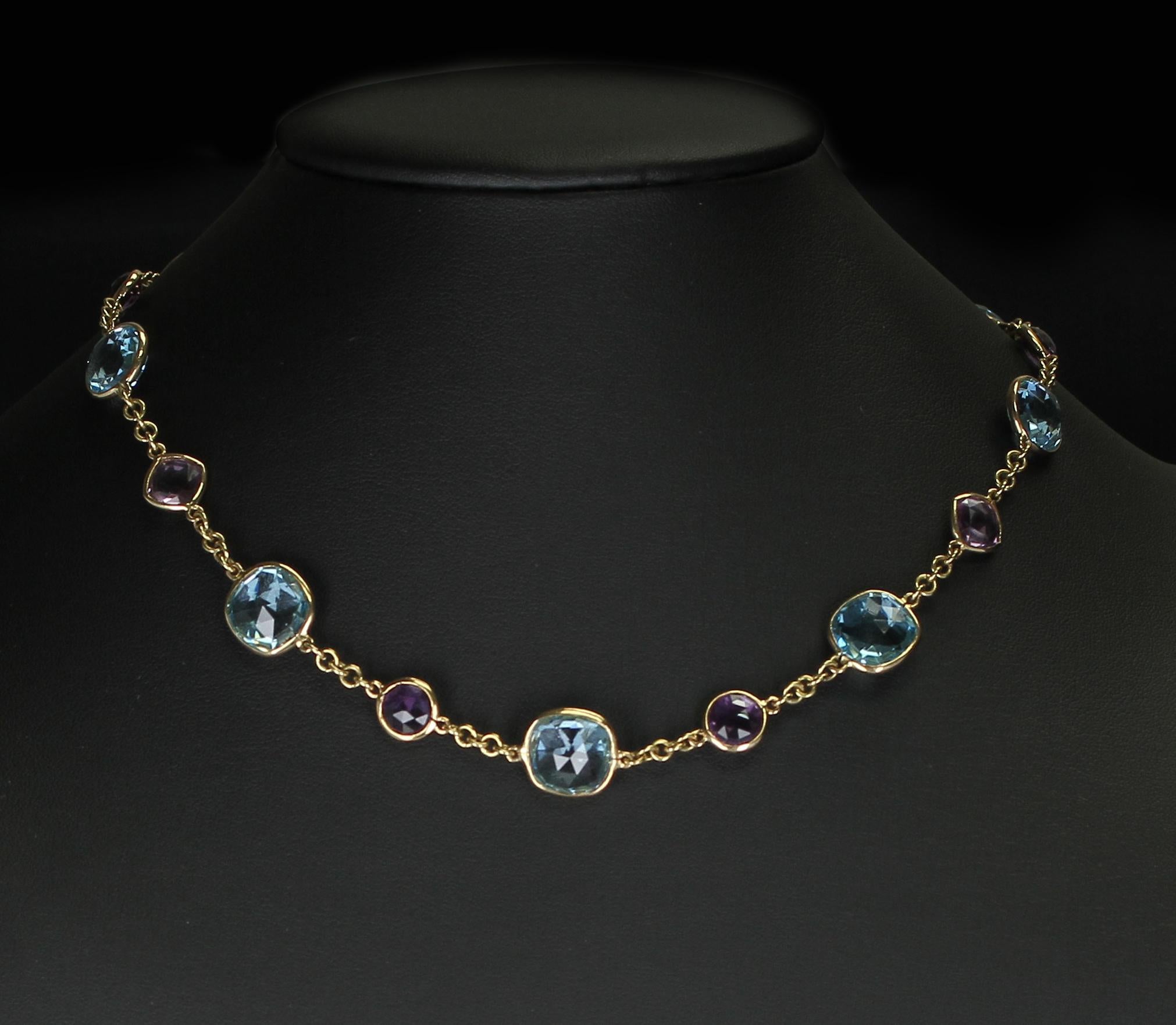 Women's or Men's Amethyst and Blue Topaz Faceted Double Cabochon Rose Cut 18 Karat Fine Necklace For Sale