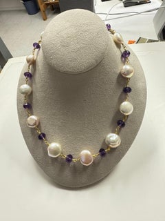 Amethyst and  Blush button pearl necklace in 22 Karat gold
