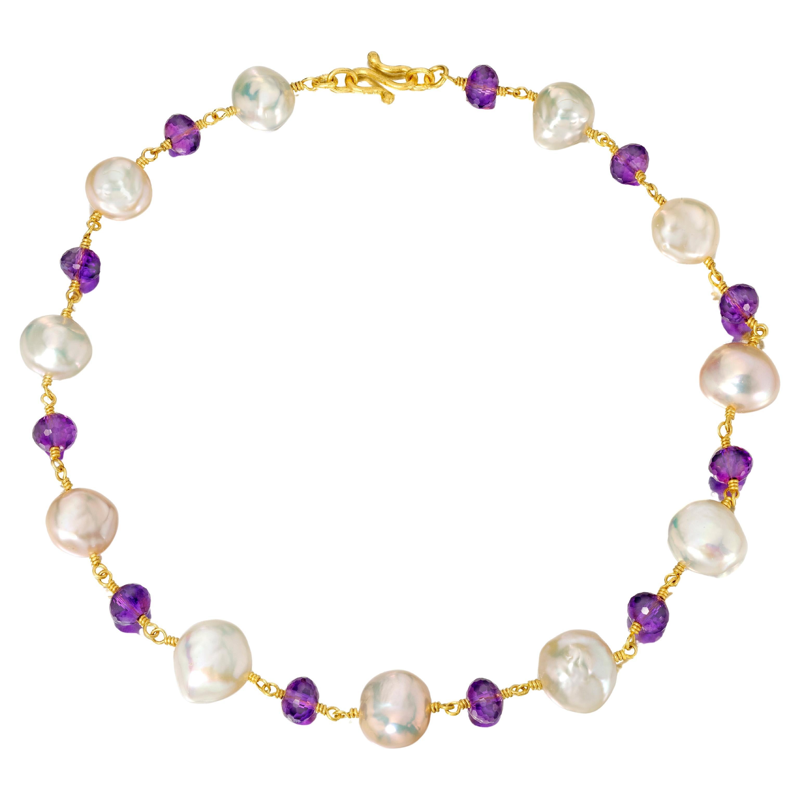 Ametista e Collana di perle a bottone Blush in oro 22 carati