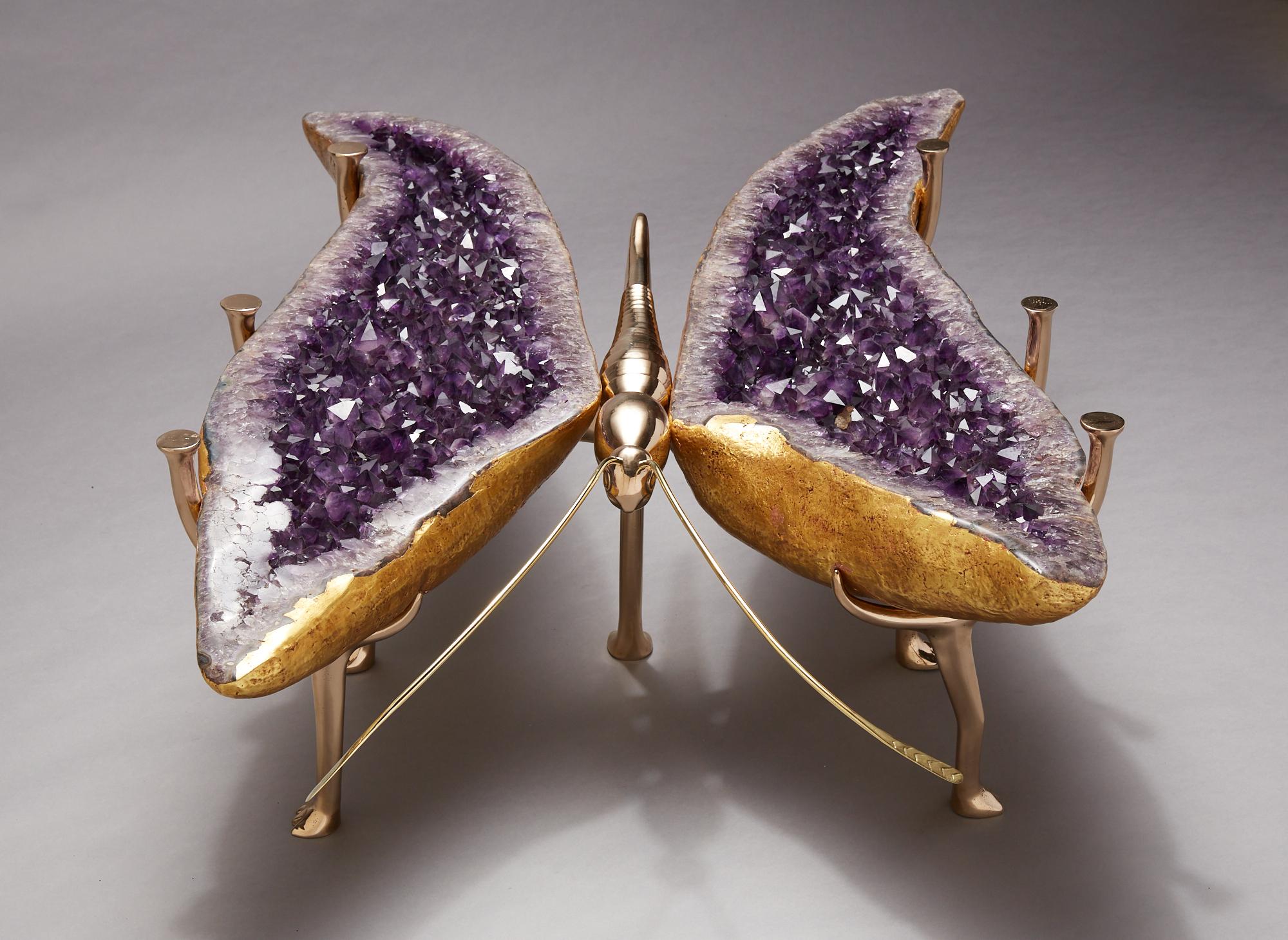 Polished Amethyst and Bronze Butterfly Coffee Table