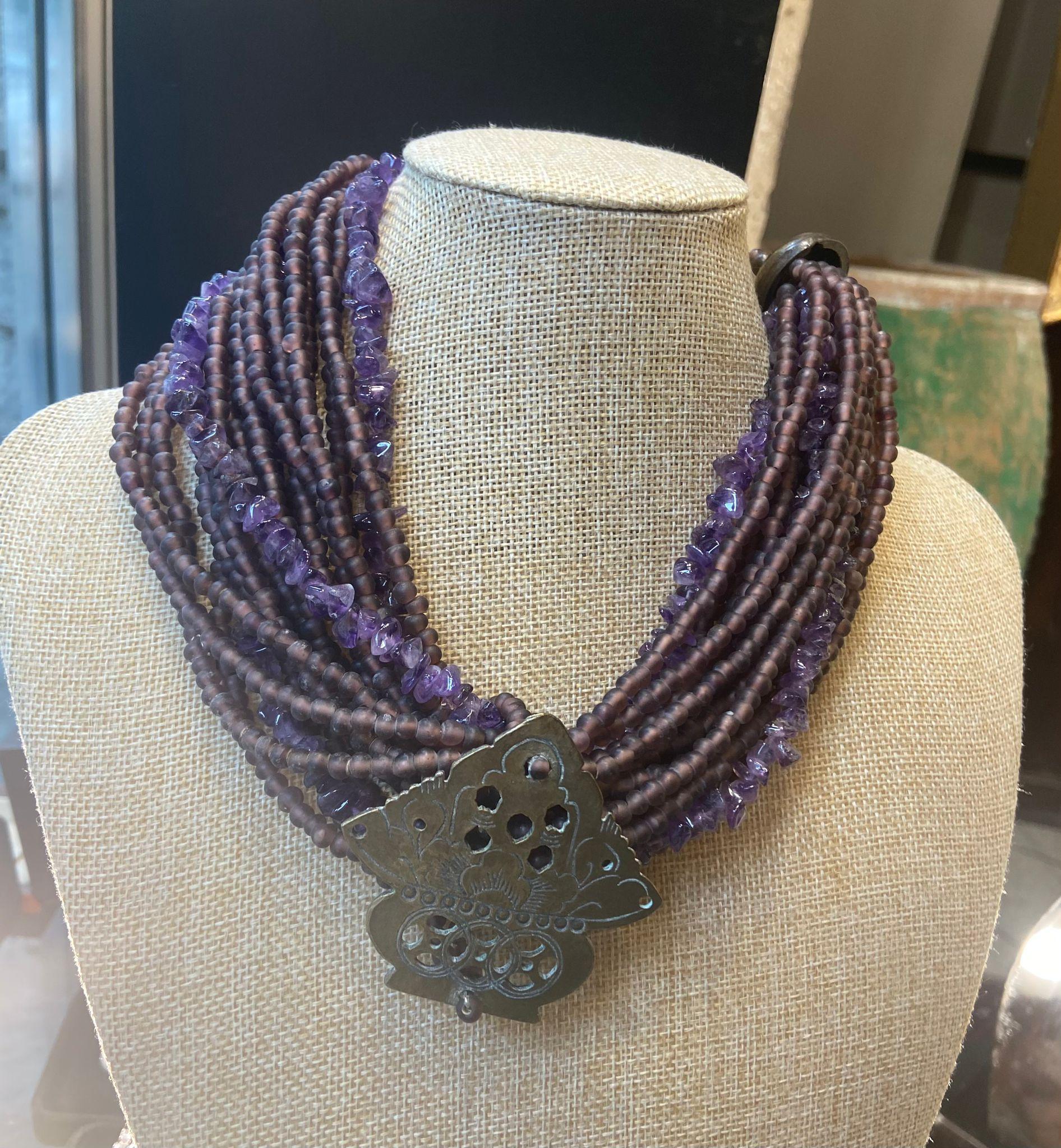 Amethyst and bronze French  tribal Necklace.Signed Cesaree París  For Sale 4