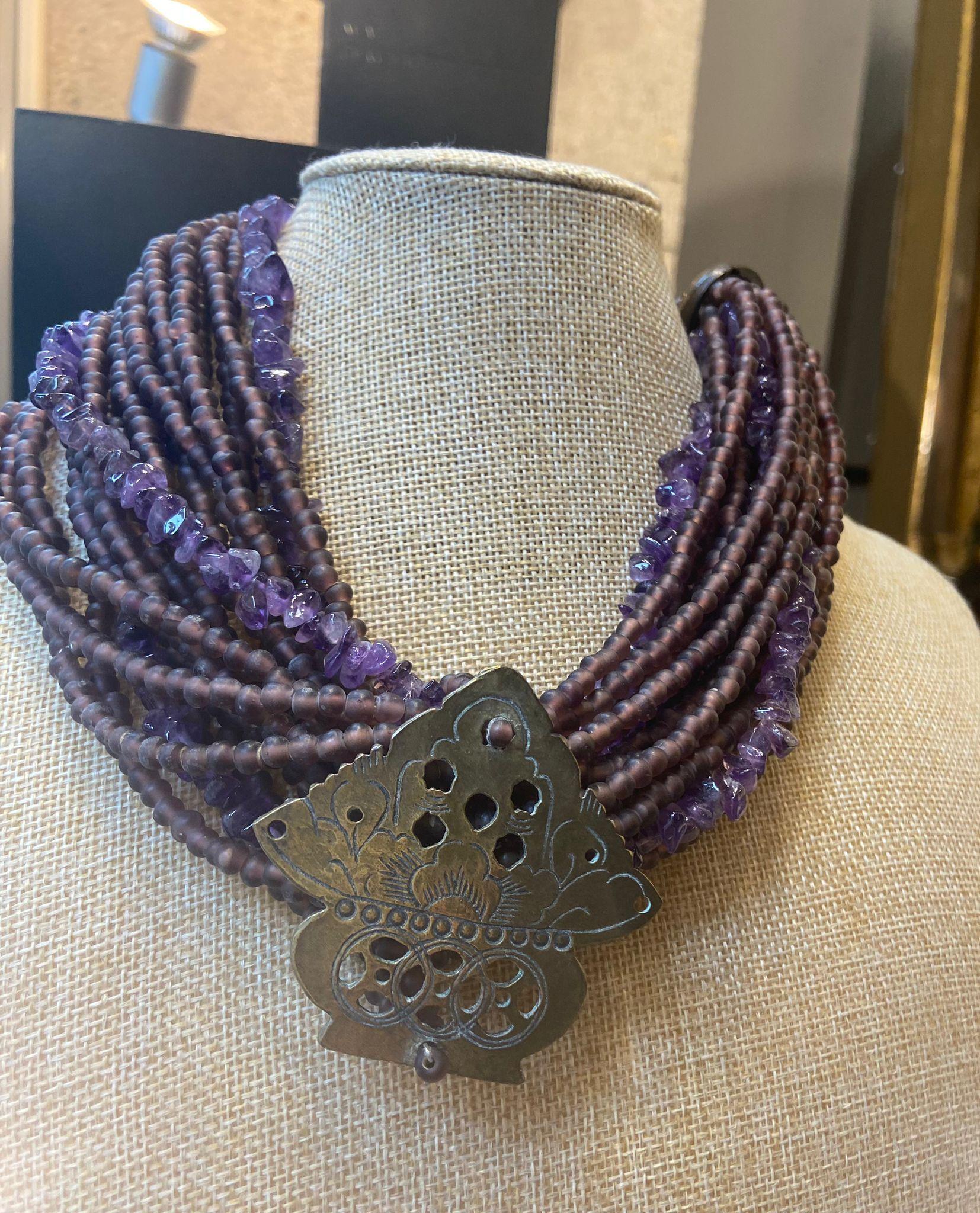 Amethyst and bronze French  tribal Necklace.Signed Cesaree París  For Sale 5