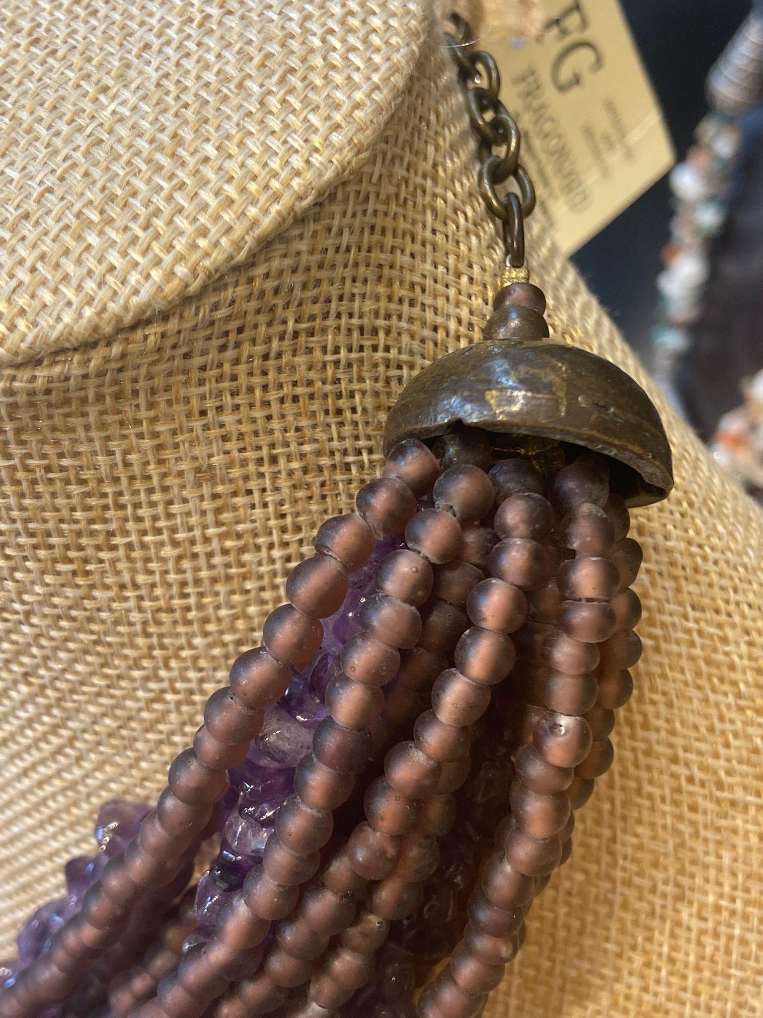 Artisan Amethyst and bronze French  tribal Necklace.Signed Cesaree París  For Sale