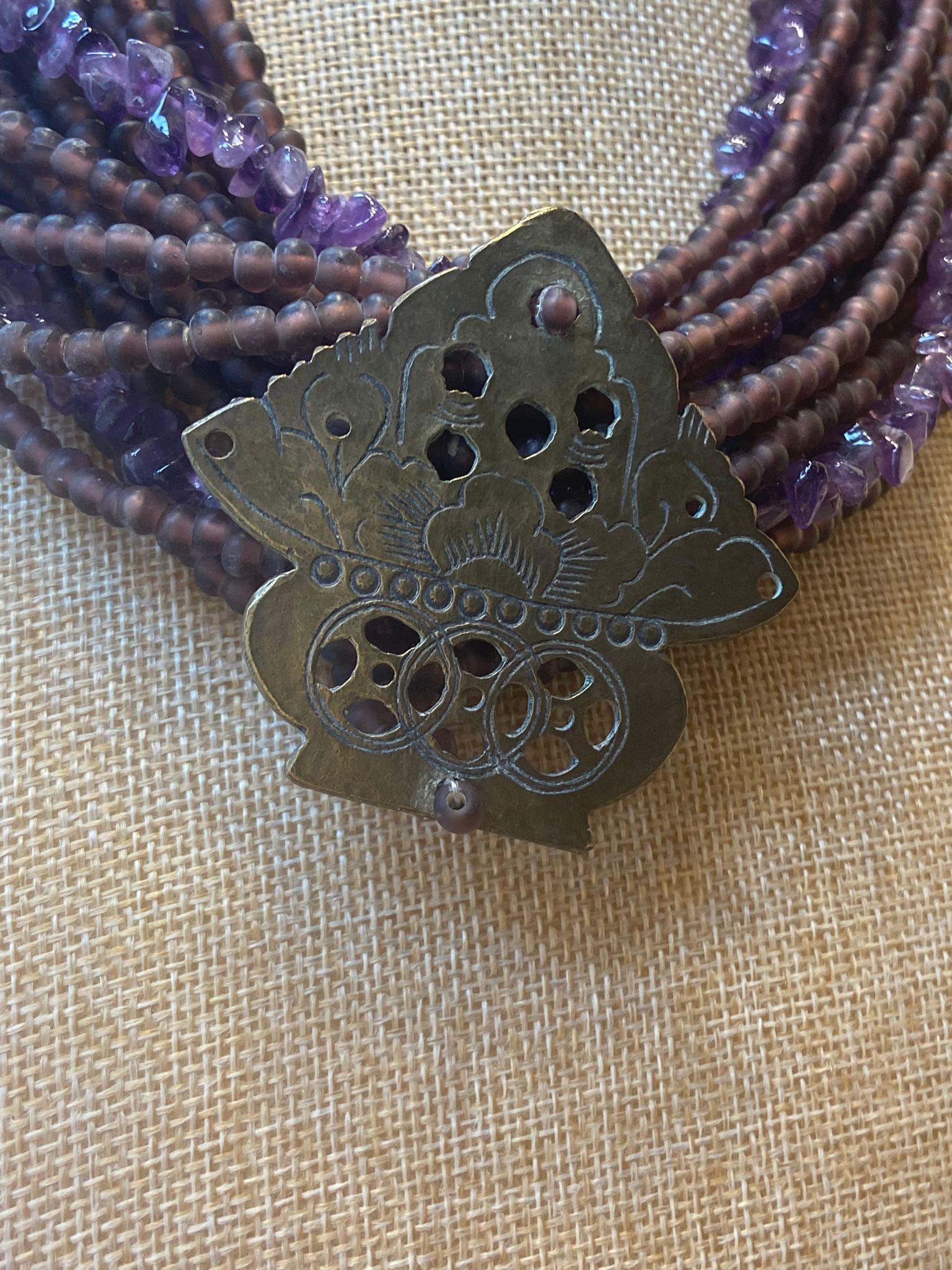 Amatista y bronce Francés  Collar tribal.Firmado Cesaree París Corte mixto en venta