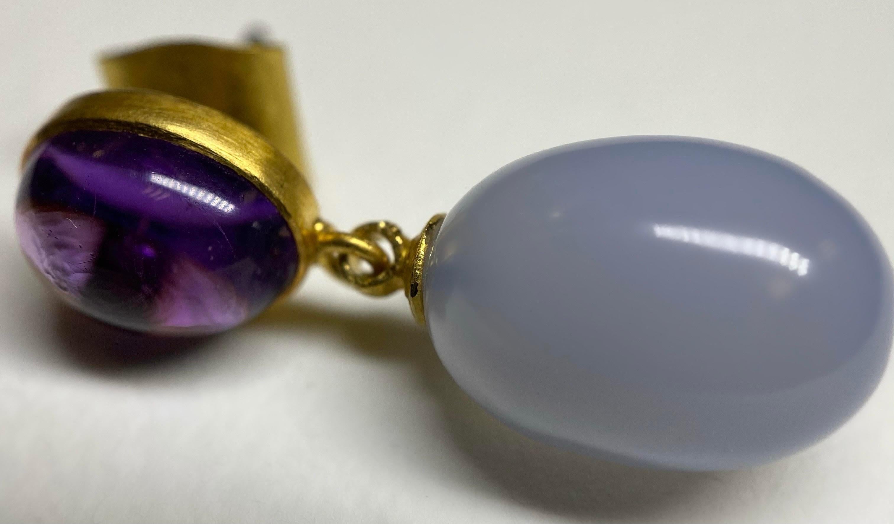 Mixed Cut Amethyst and Chalcedony Dangling Earrings in 18 Karat Gold, A2 by Arunashi For Sale