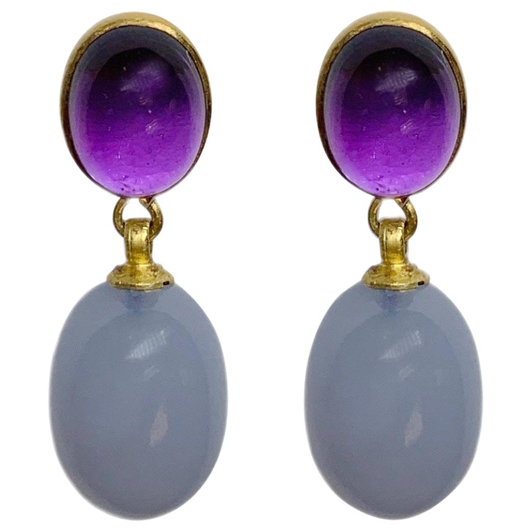 Amethyst and Chalcedony Dangling Earrings in 18 Karat Gold, A2 by Arunashi For Sale