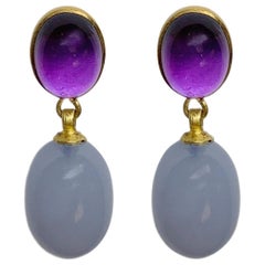 Amethyst and Chalcedony Dangling Earrings in 18 Karat Gold, A2 by Arunashi