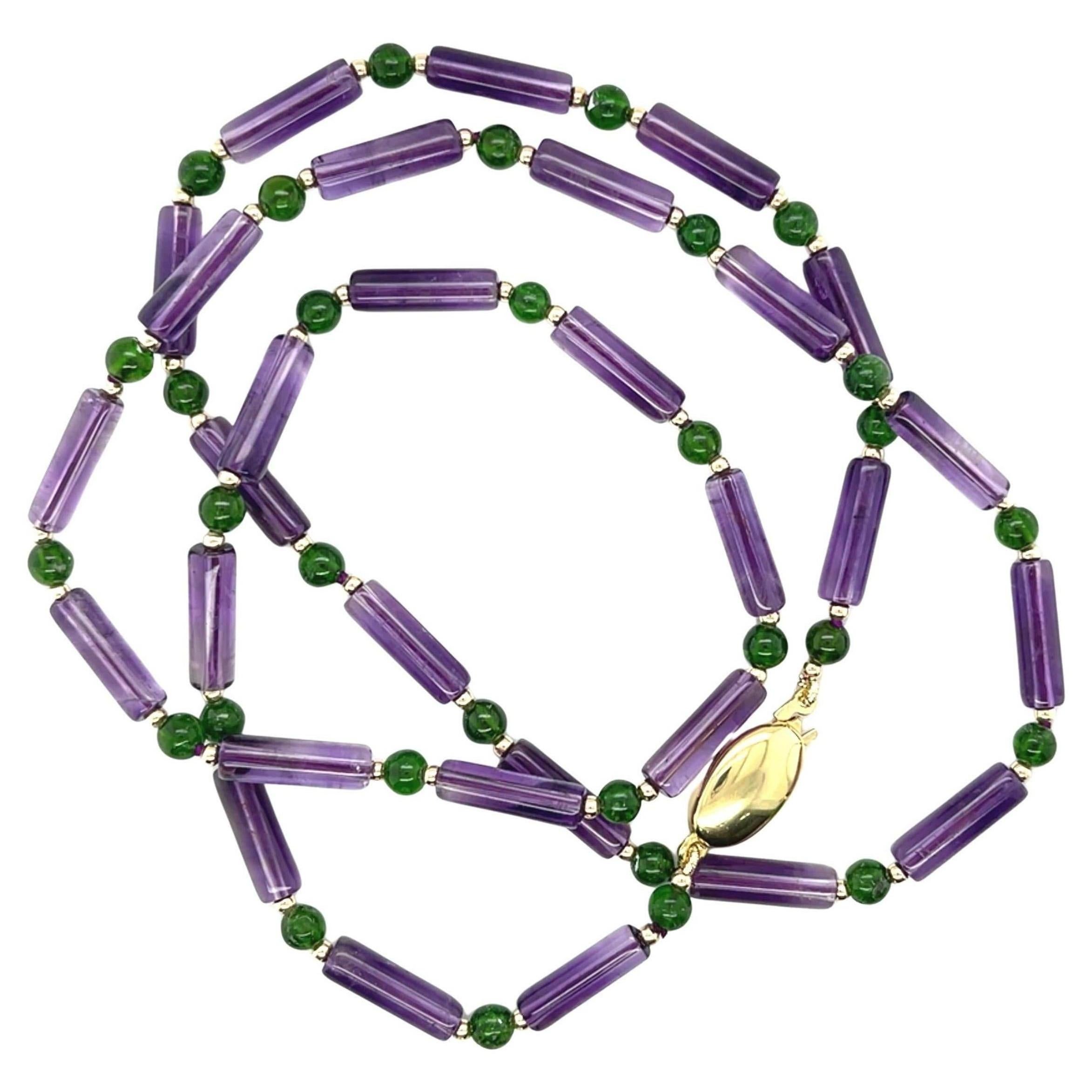 Artisan Amethyst and Chrome Diopside Beaded Necklace with 14k Gold Accents, 24.5 Inches For Sale