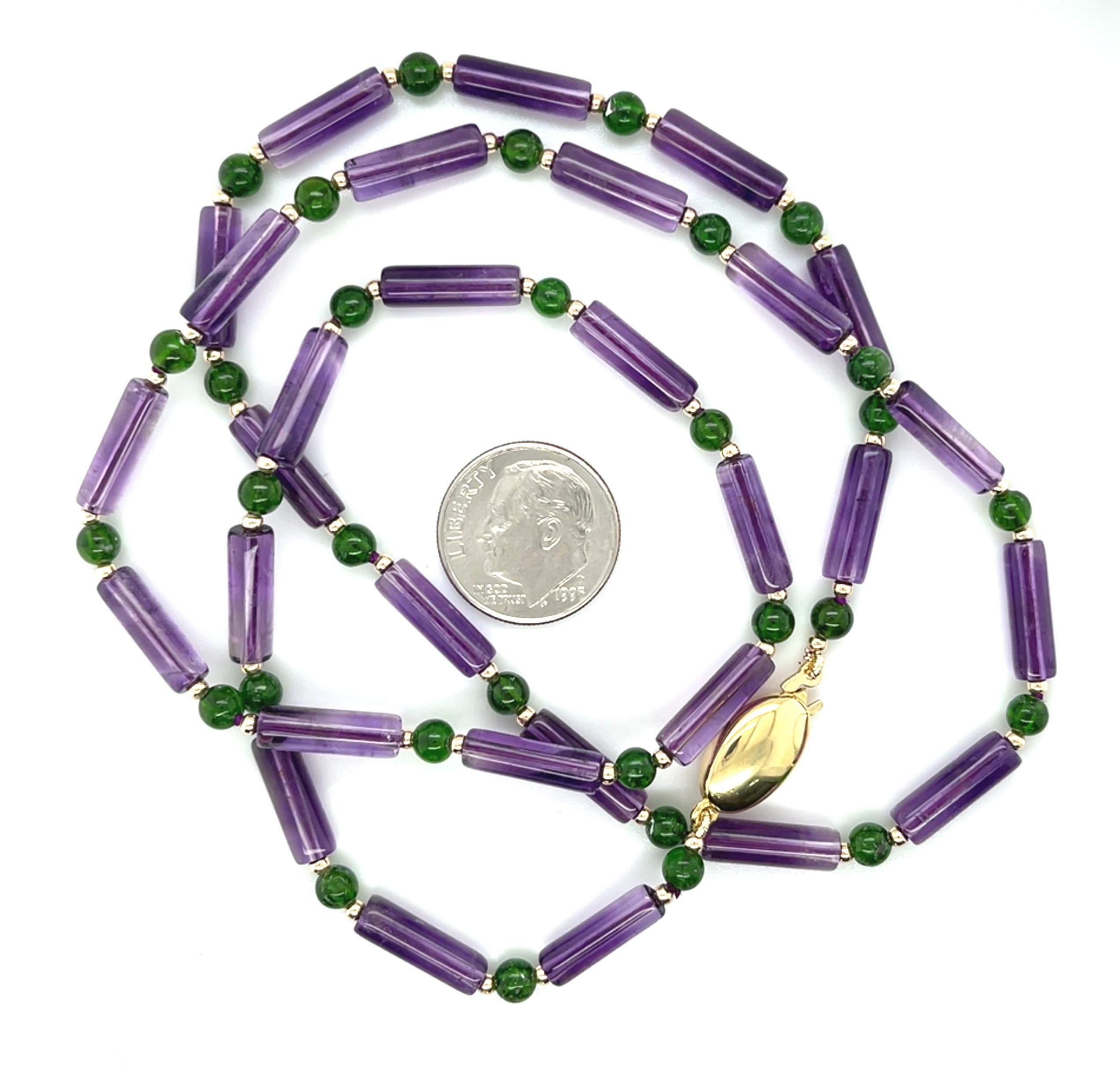 Amethyst and Chrome Diopside Beaded Necklace with 14k Gold Accents, 24.5 Inches In New Condition For Sale In Los Angeles, CA