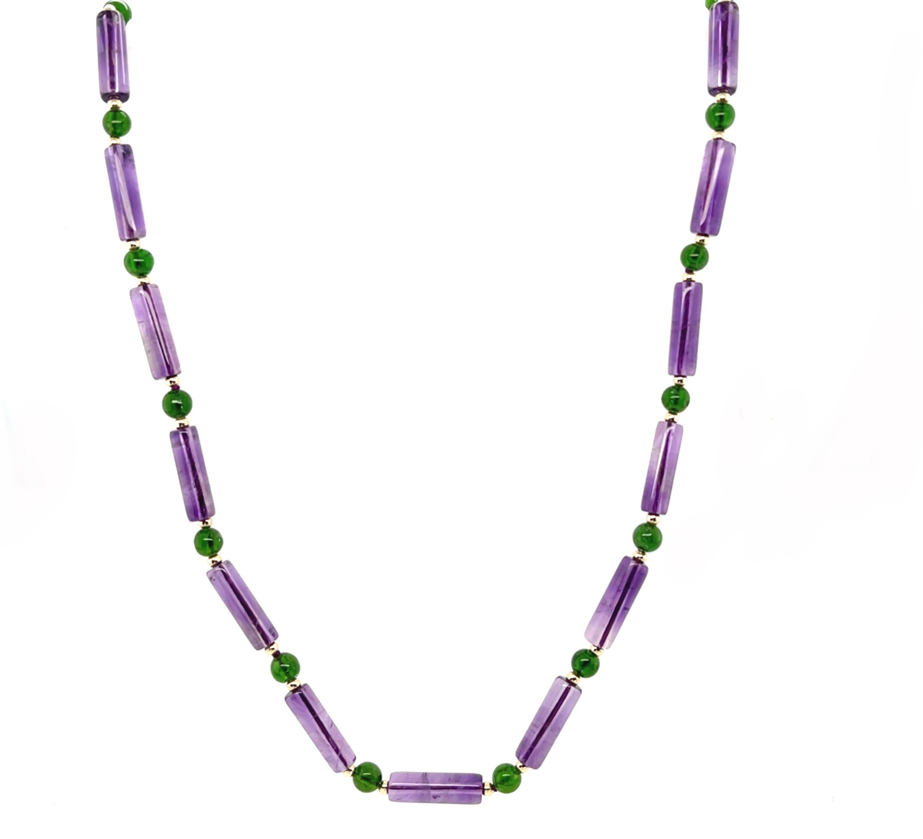 Women's Amethyst and Chrome Diopside Beaded Necklace with 14k Gold Accents, 24.5 Inches For Sale
