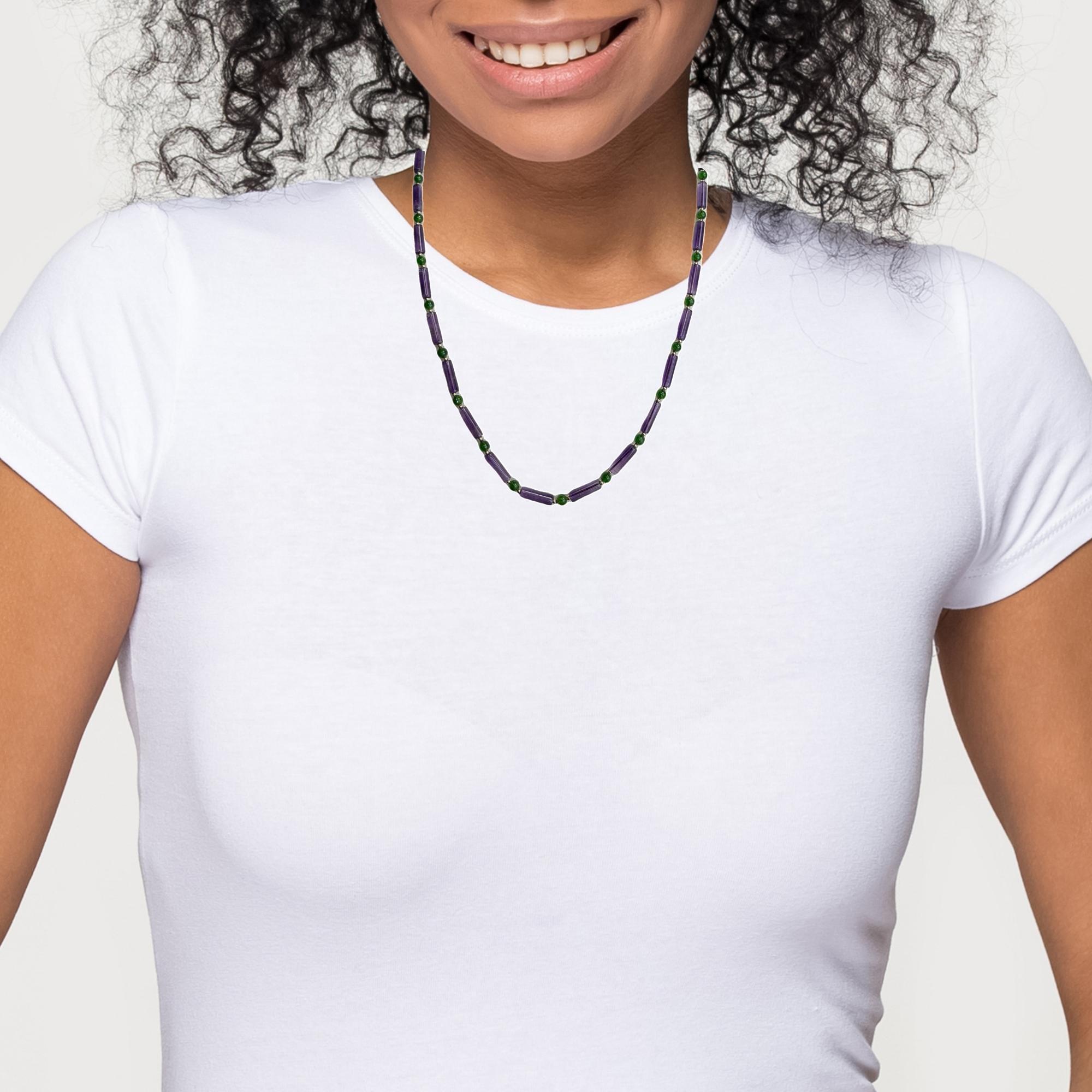 Amethyst and Chrome Diopside Beaded Necklace with 14k Gold Accents, 24.5 Inches For Sale 2