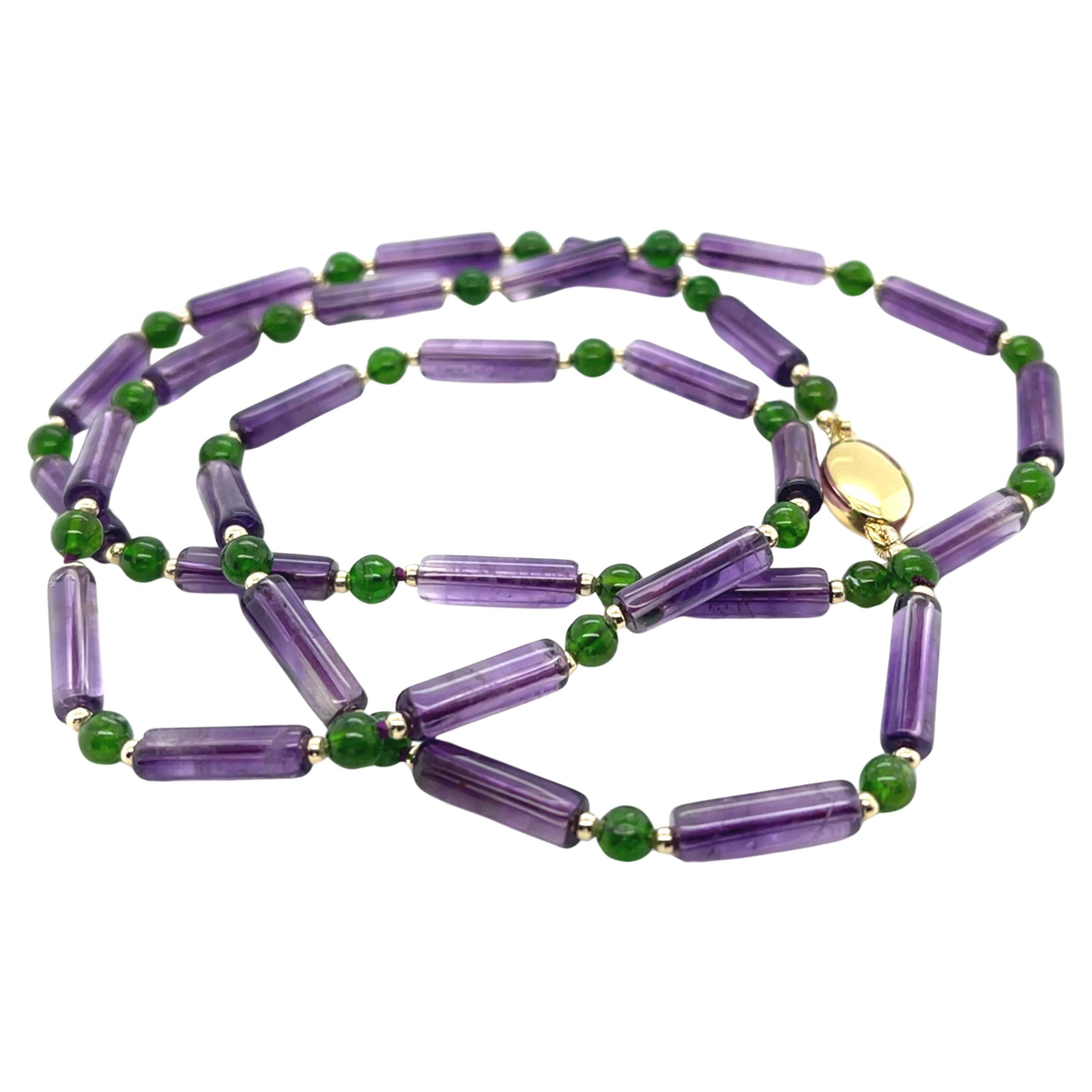 Amethyst und Chrom Diopside Perlenkette mit 14k Gold-Akzenten mit Perlen, 24,5 Zoll