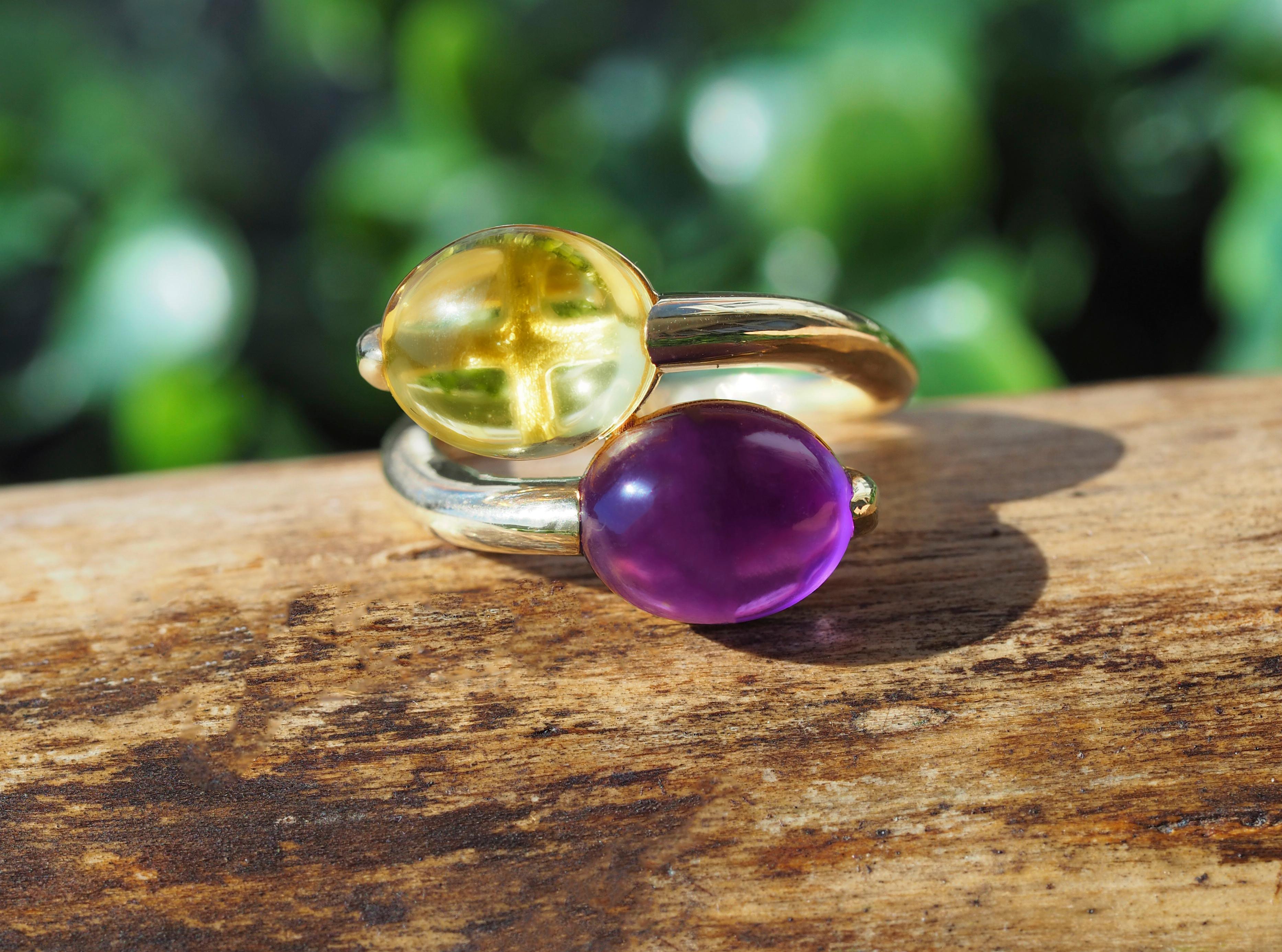 Amethyst and Citrine Cabochon Ring in 14k Gold 10