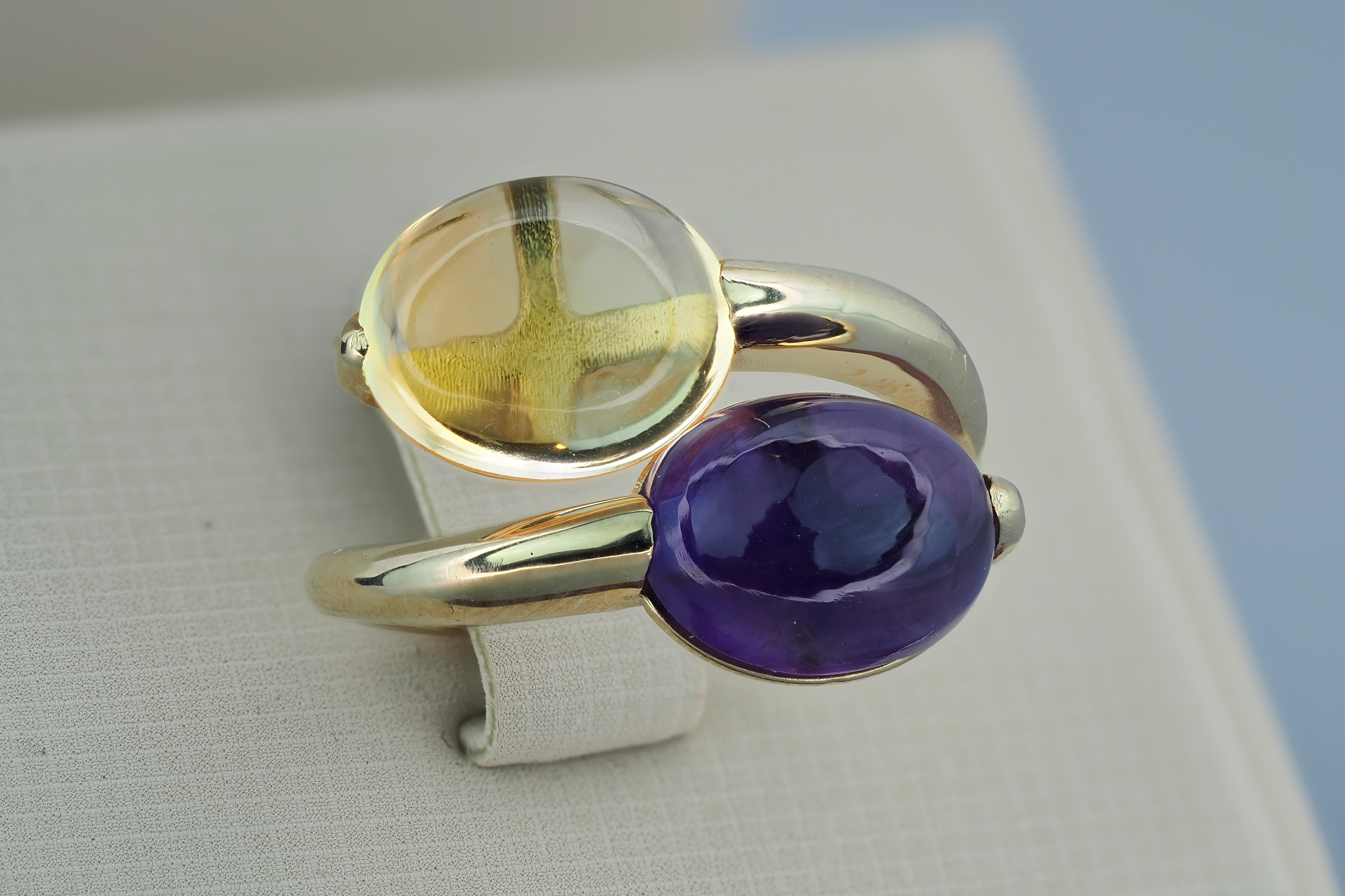 Amethyst and Citrine Cabochon Ring in 14k Gold In New Condition In Istanbul, TR