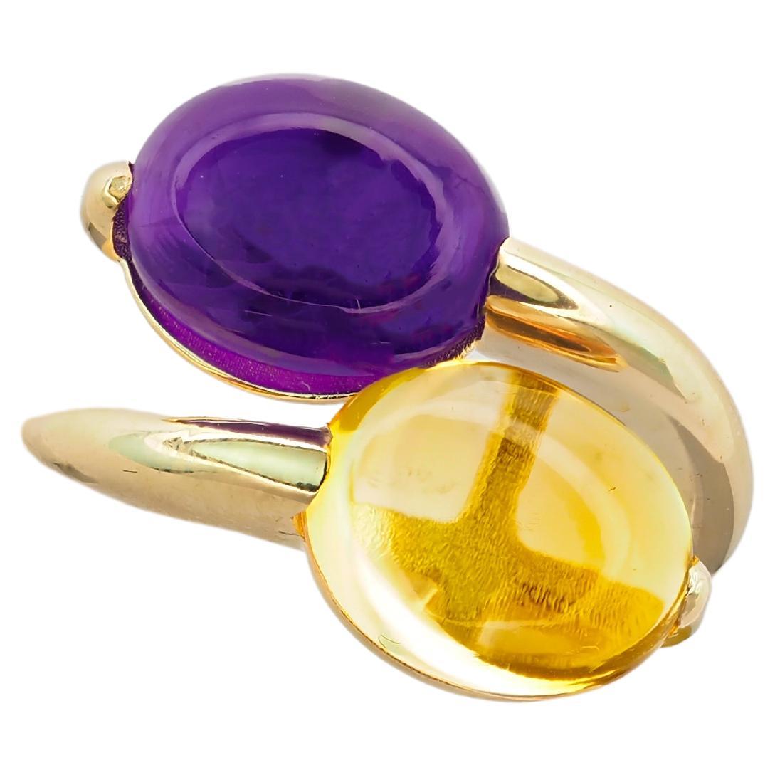 Amethyst and Citrine Cabochon Ring in 14k Gold